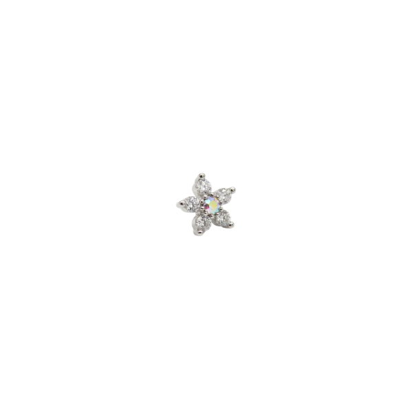20G Floral Silver Nose Stud – Opal & CZ Gem Ball Nose Piercing