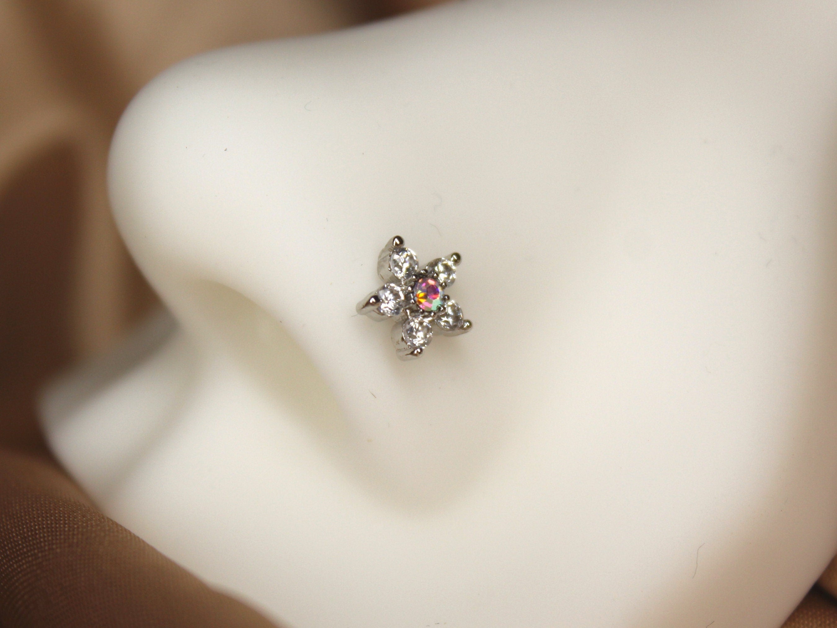 20G Floral Silver Nose Stud – Opal & CZ Gem Ball Nose Piercing