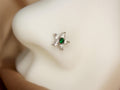20G Flower Nose Stud with Ball, Silver Flower Emerald Green Gemstone Nose Ring Stud, Custom Body Jewelry