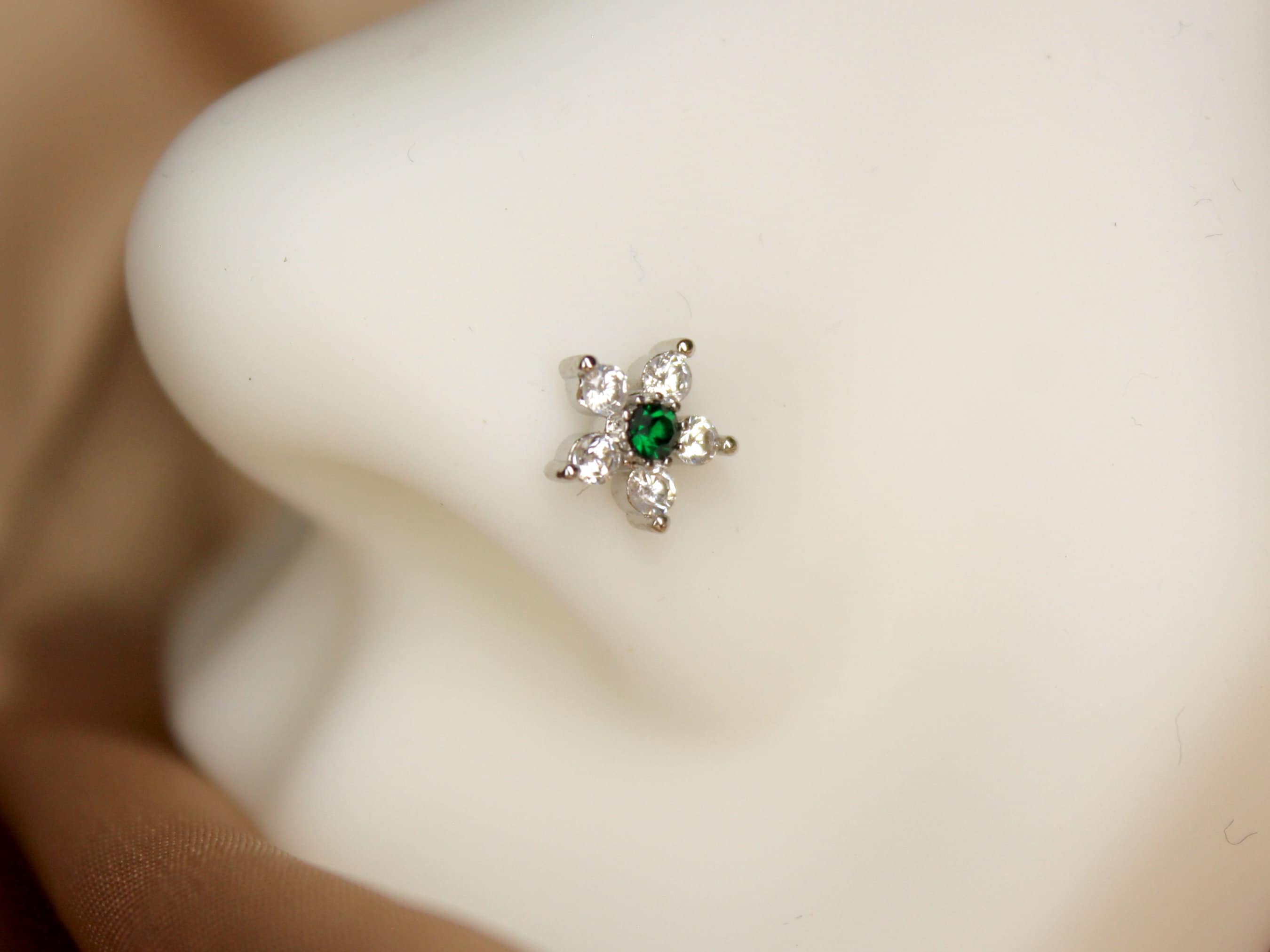 20G Flower Nose Stud with Ball, Silver Flower Emerald Green Gemstone Nose Ring Stud, Custom Body Jewelry