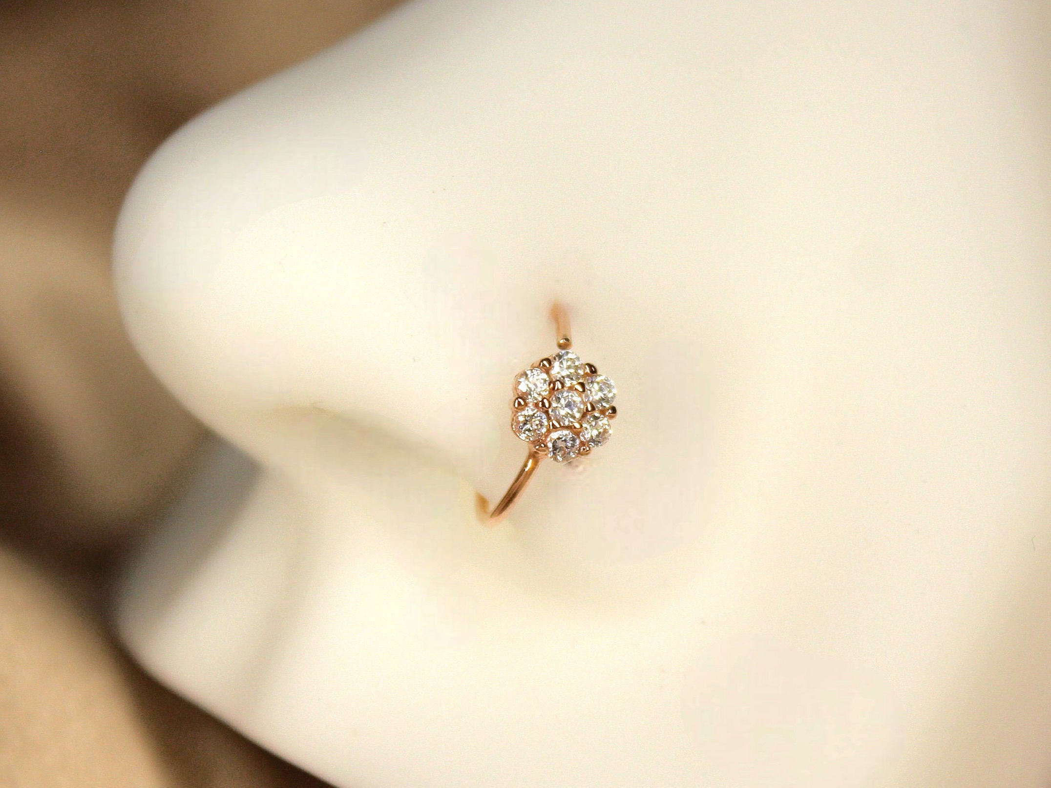 20G Rose Gold Flower Top Clear Gems Bendable Nose Hoop. Cartilage Hoop. Nose Ring. Nose Piercing