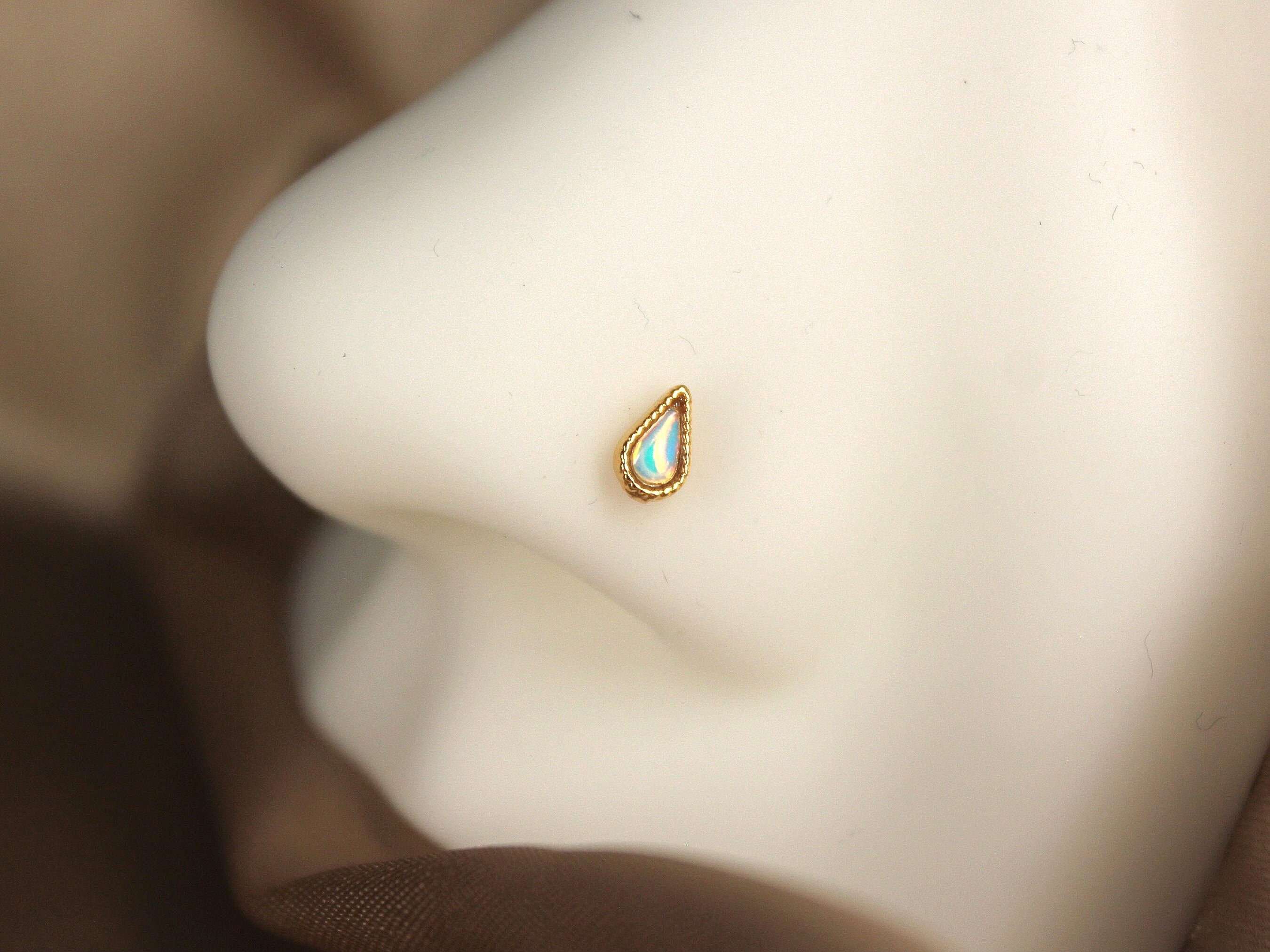 20G Gold Teardrop Nose Piercing Stud with Ball, Cute Gold Teardrop with White Opal Nose Ring Stud, Simple Style Nose Piercing Jewelry