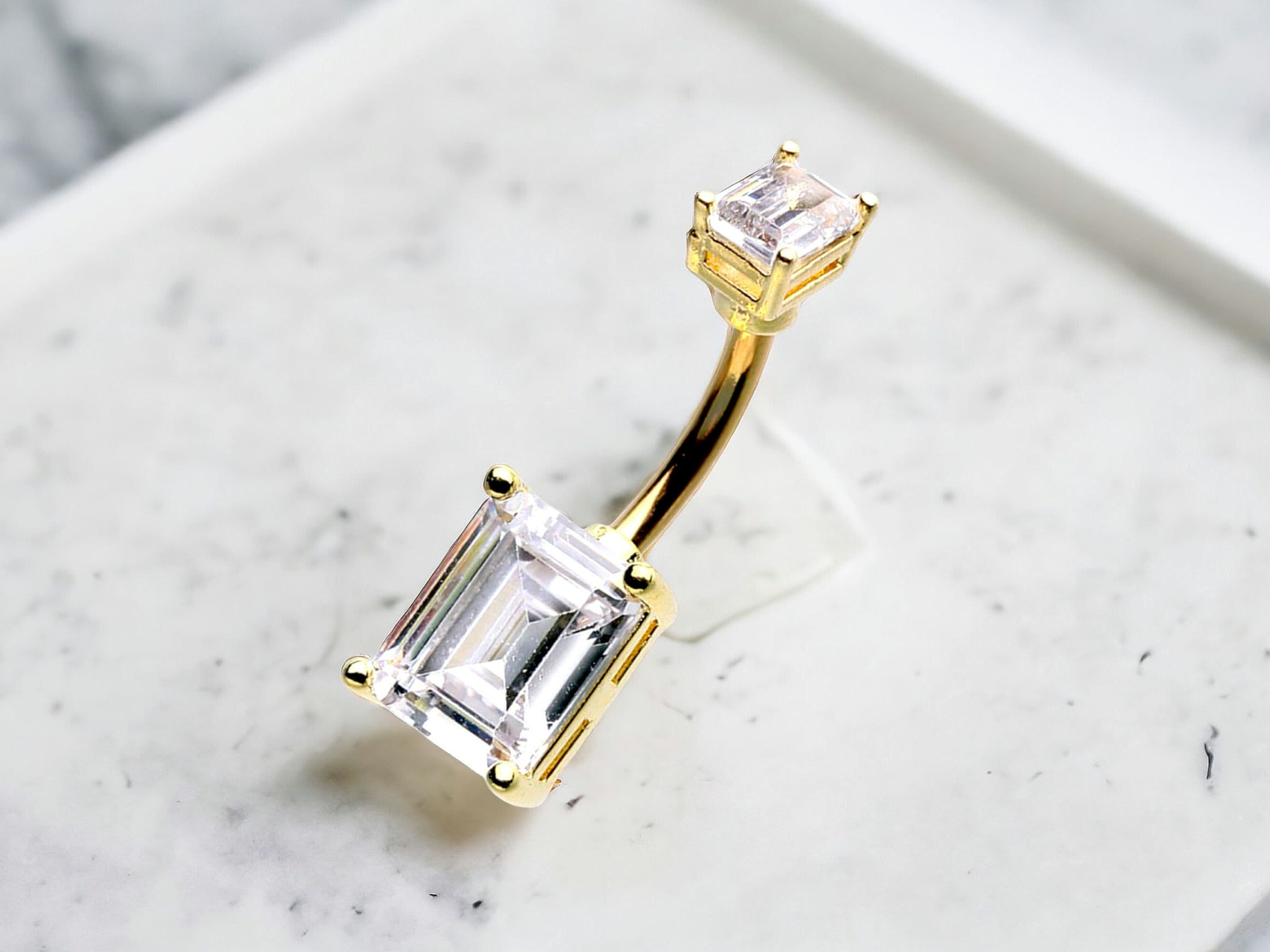 14G Gold and Silver Emerald Cut Clear Gem Belly Button Ring, Navel Ring Piercing Jewelry, Everyday Wear Belly Ring