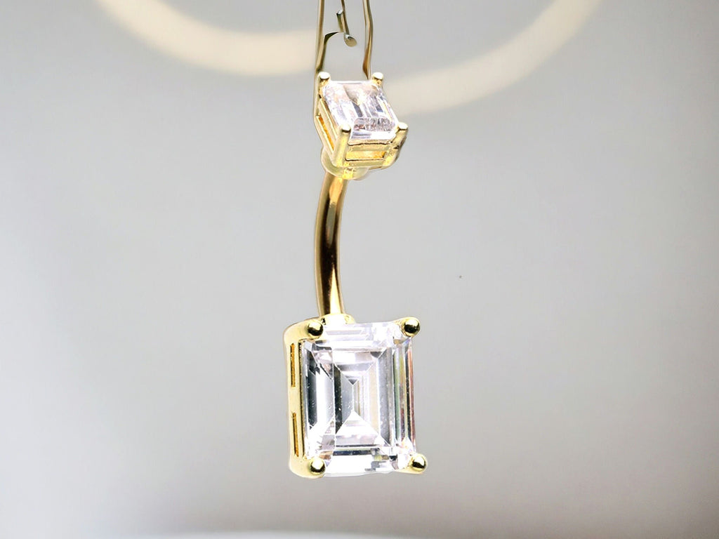 14G Gold Emerald Cut Clear Gem Belly Button Ring, Navel Ring Piercing Jewelry, Everyday Wear Belly Ring