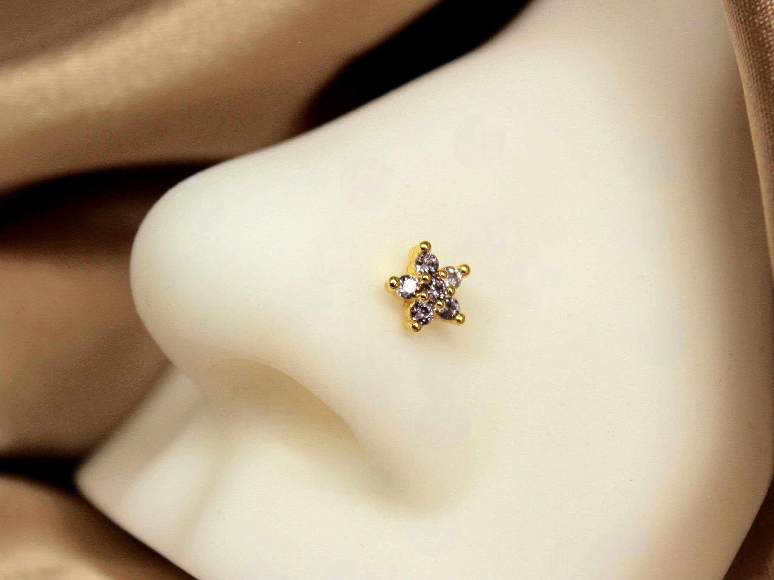 Gold Flower Nose Stud – Purple CZ Ball Nose Piercing Jewelry