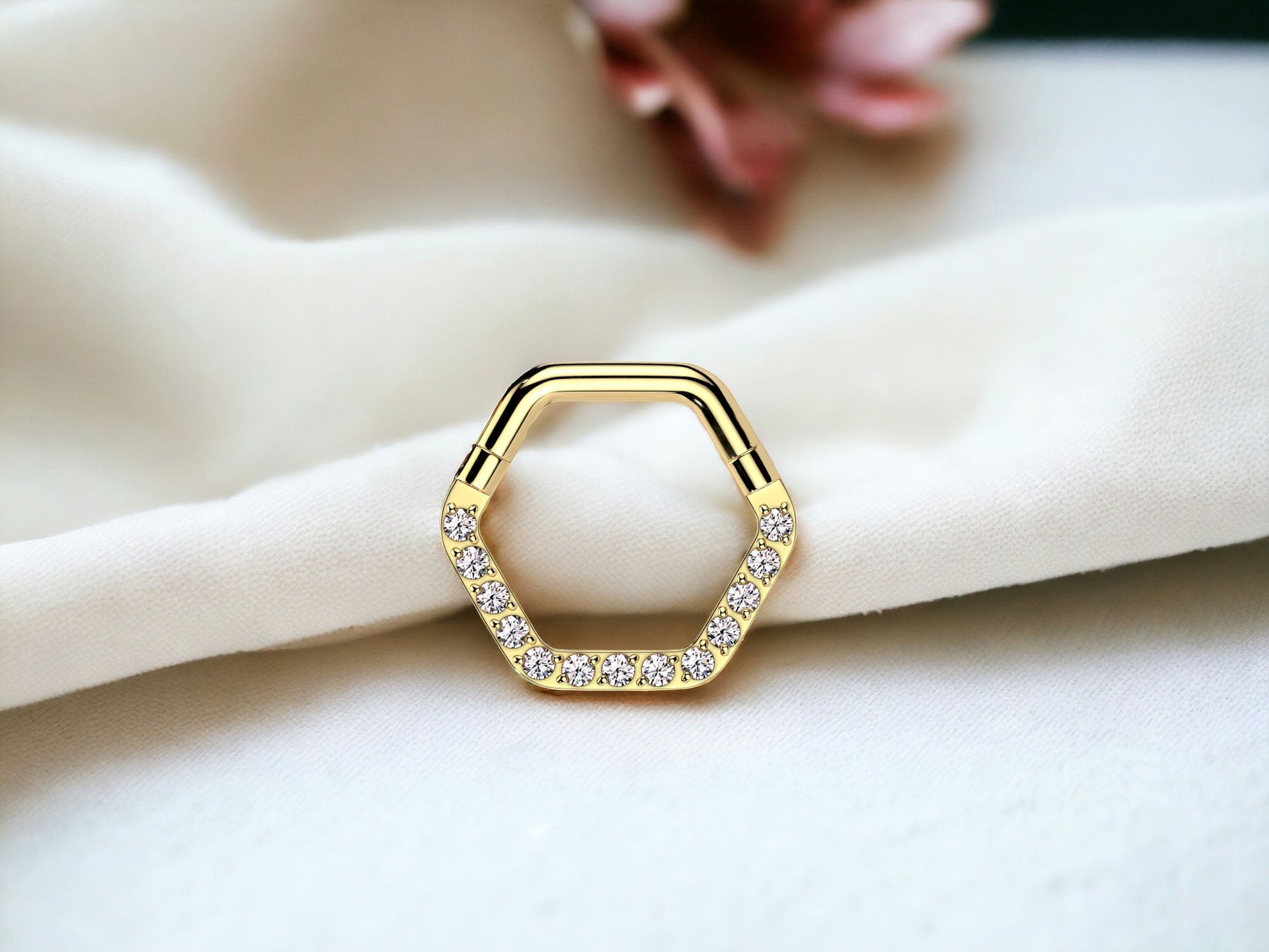 Gold Hexagon Septum Clicker Ring, 16G Cz Gem Front Hinged Septum Hoop, Geometric Body Piercing Jewelry