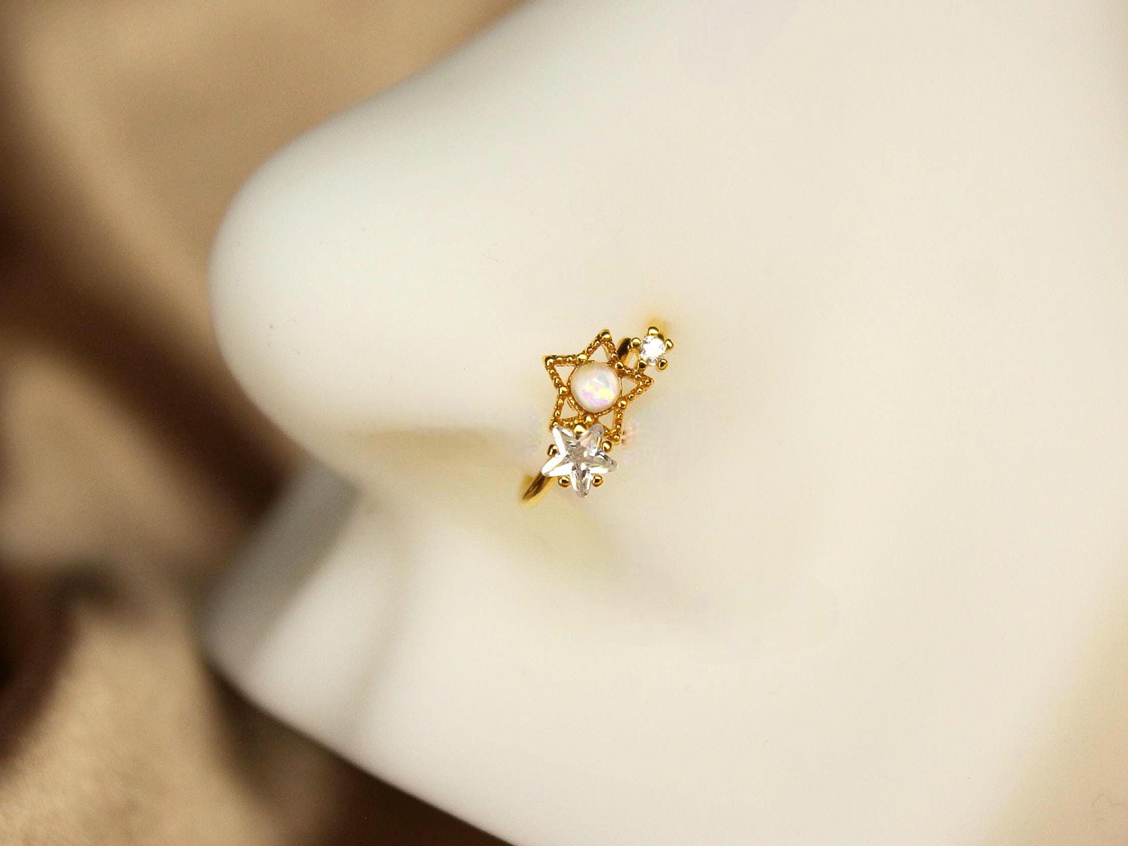 20g Gold Cz Gem Decor Star Nose Ring, Shooting Star Dainty Nose Hoop, Celestial Nose Piercing
