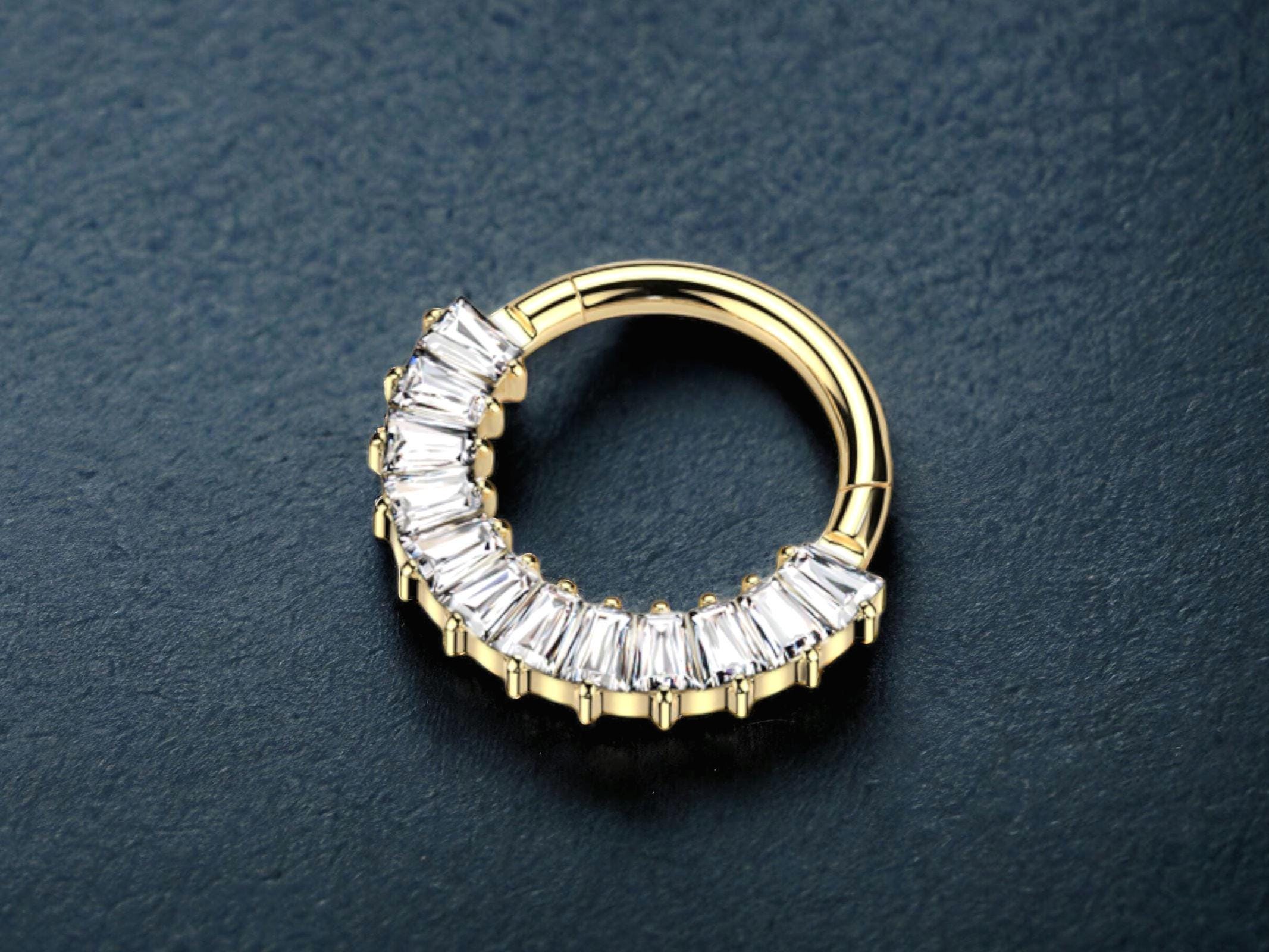 Titanium Septum Clicker with Clear Baguette Gems, Sparkly Segment Hinged Hoop Front Gem Decor Nose Piercing, Unique Septum Jewelry