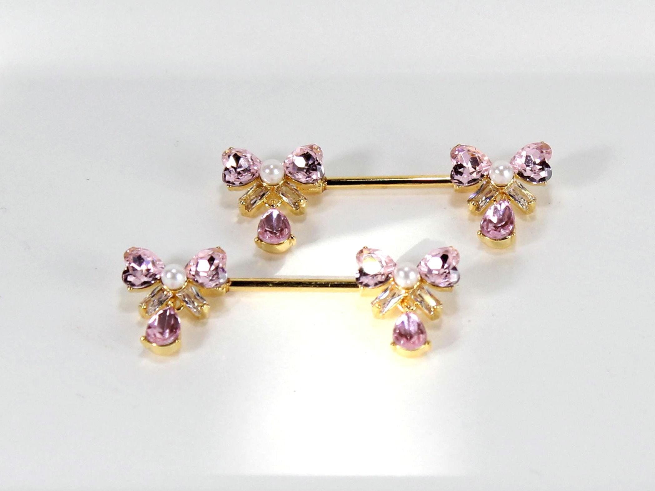 Dangle Pink Gem & Pearl Decor Nipple Barbell Piercing, Coquette Theme Pink Nipple Jewelry, 14g Nipple Piercing, Unique Body Jewelry