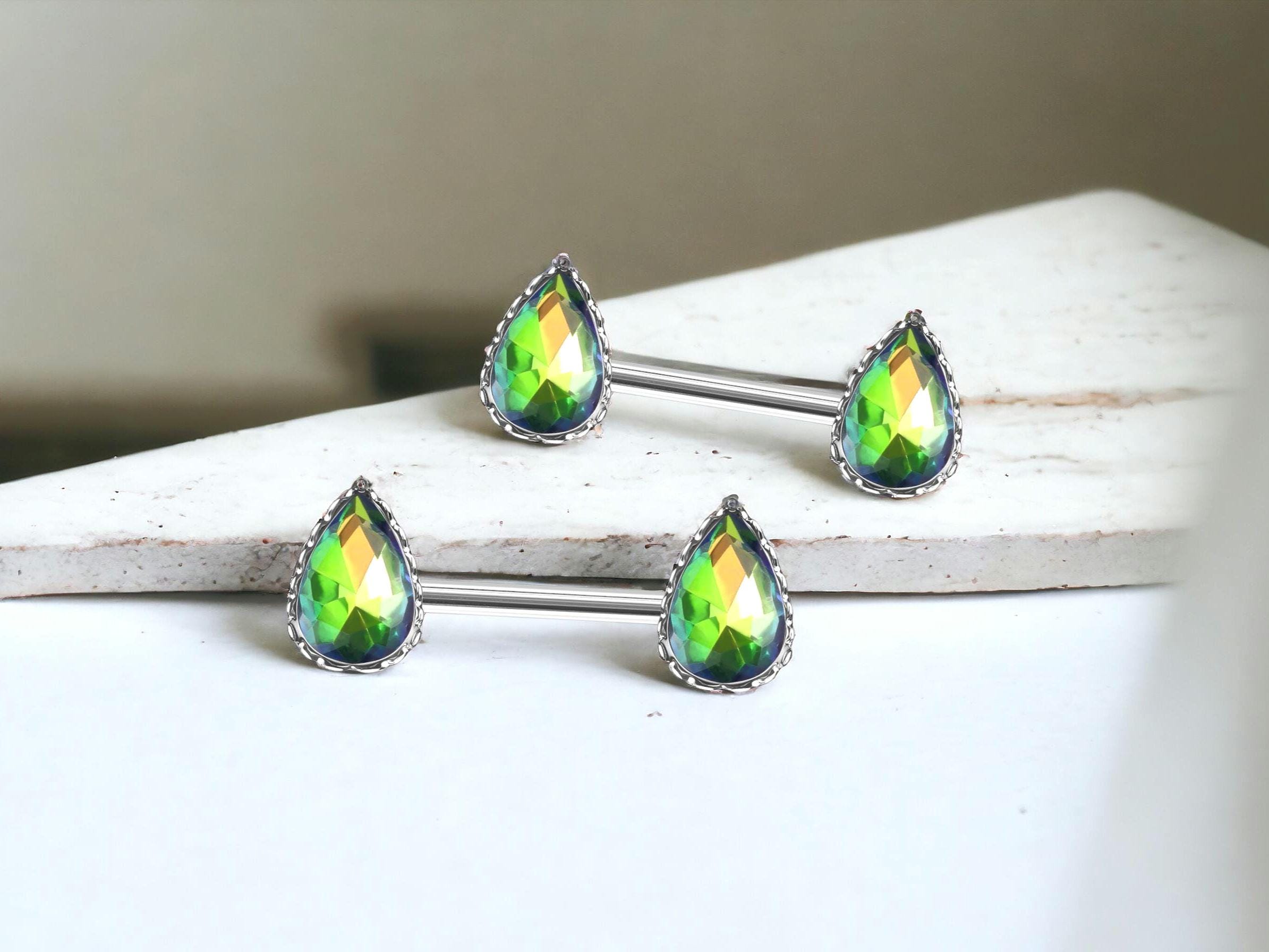 Pair of 14G Green Vitrail Teardrop Nipple Barbell, Multicolor Shade Sparkly Gemstone Pear Shaped Simple Nipple Piercing Jewelry,