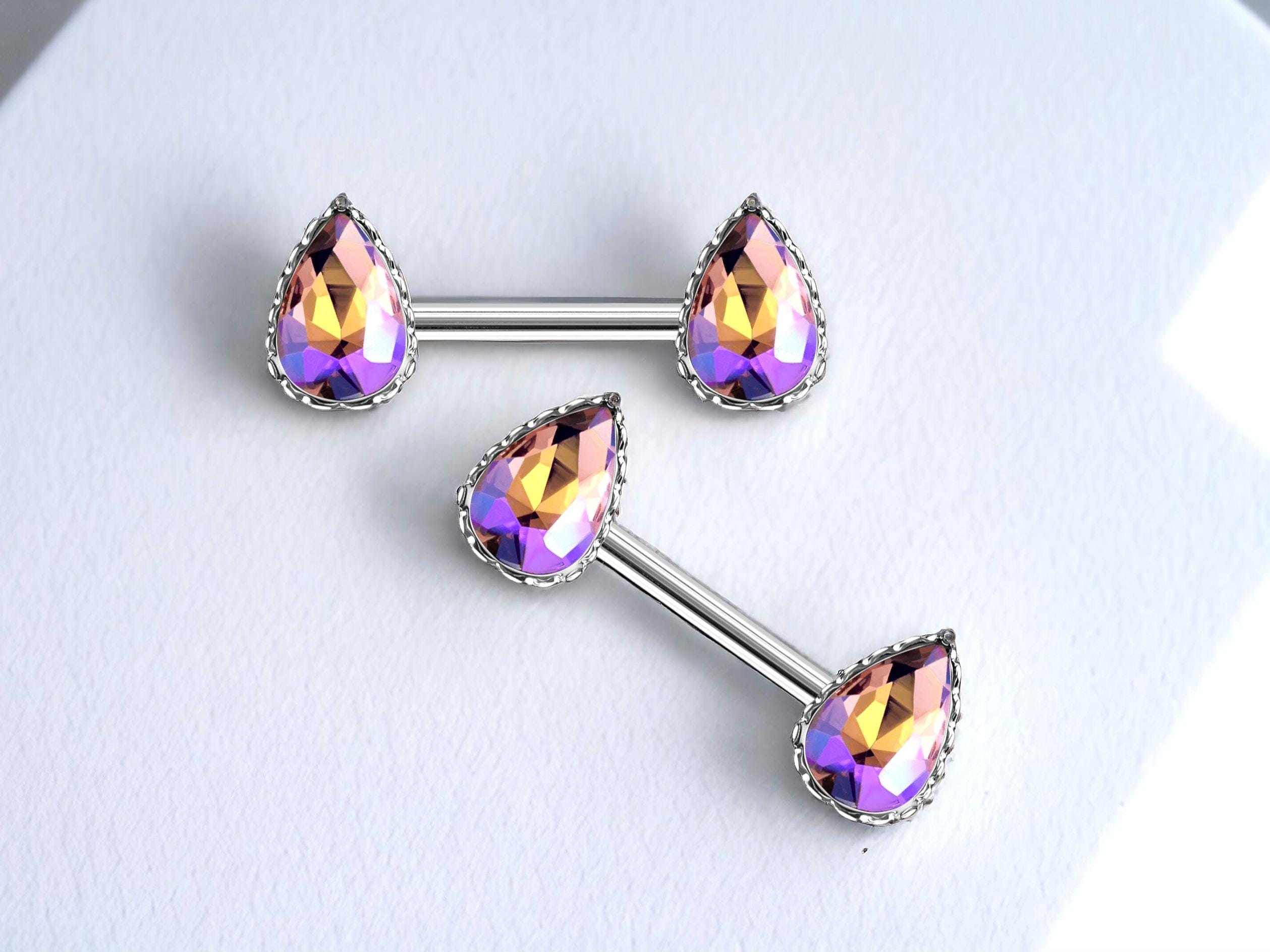 Pair of Purple Teardrop Nipple Barbell, 14G Multicolor Shade Sparkly Gemstone Pear Shaped Simple Nipple Piercing Jewelry, Nipple RIngs