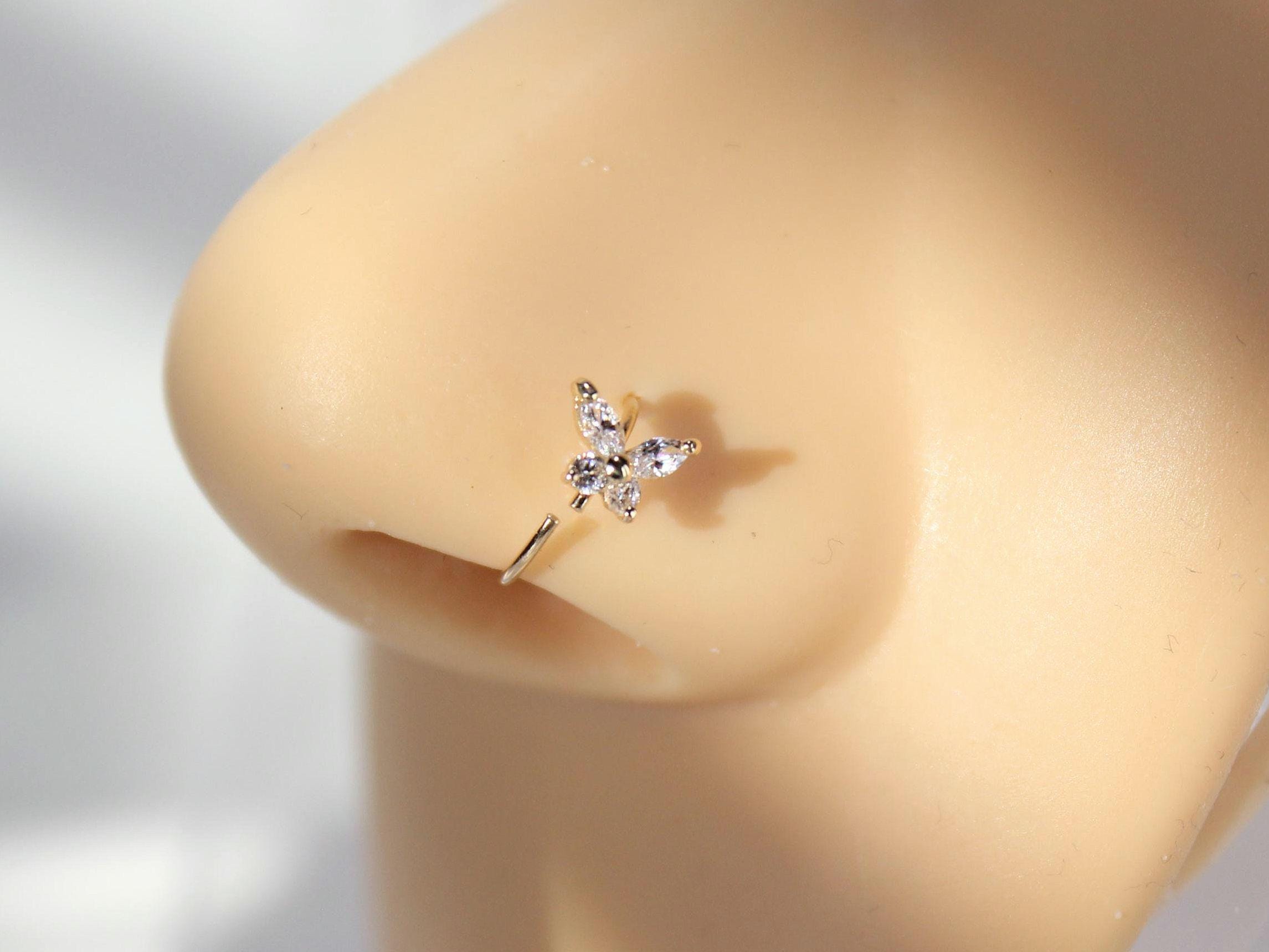 14K Gold Butterfly with Gem Nose Hoop Ring, 20G Dainty Gem Decor Bendable Butterfly Nose Piercing Hoop Ring, Solid Gold Nose Piercing