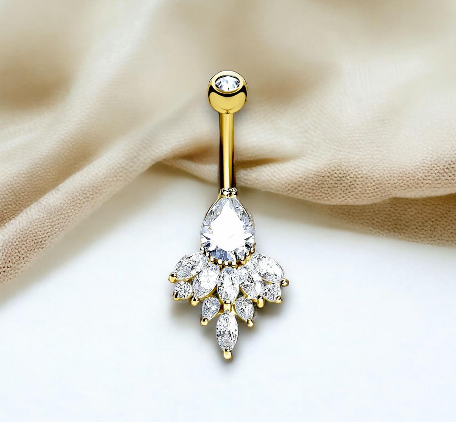 14G Teardrop Belly Ring,  Sparkle Marquise Cluster Gem Decor Belly Button Piercing,  Navel Ring Body Jewelry, Gold Belly Ring Floral Gem