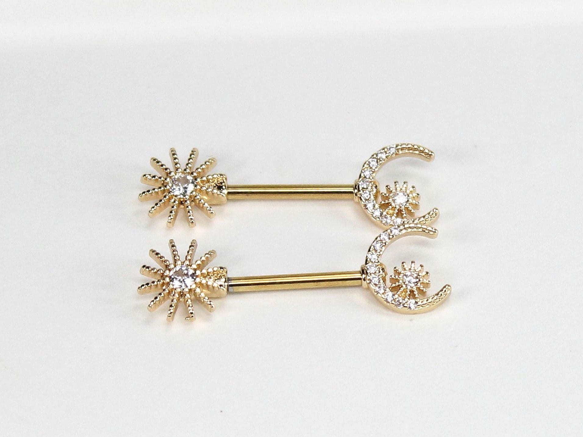 Gold Sun and Crescent Moon Nipple Barbells, 14g Sparkly Sun and Moon Gem Nipple Piercing Jewelry, Custom Body Jewelry, Nipple Rings