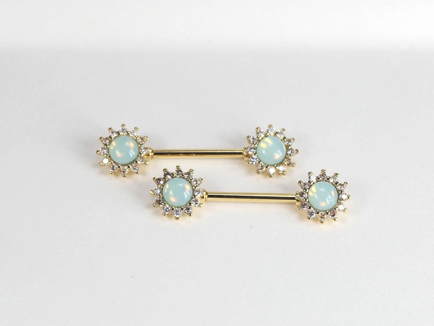 Pair of Opal Sun Shape with Gems Nipple Barbell, 14G Gold Opal Floral Nipple Piercing, Lightweight Nipple Barbell Ring Body Piercing Jewelry