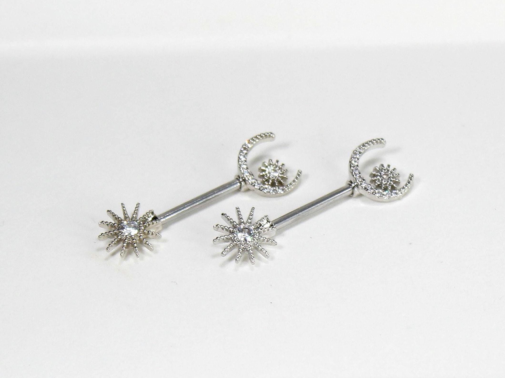 Silver Sun and Crescent Moon Nipple Barbells, 14g Sparkly Sun and Moon Gem Nipple Piercing Jewelry, Custom Body Jewelry, Nipple Rings