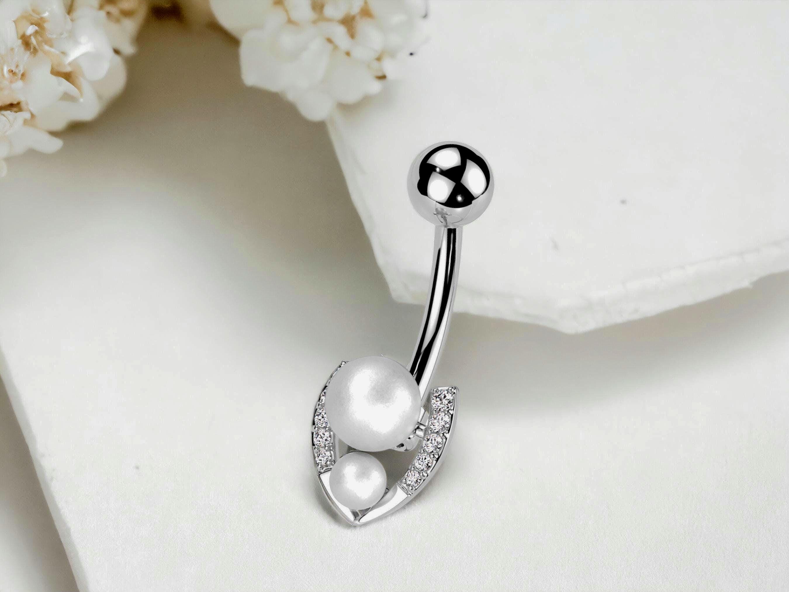 14G Silver Belly Button Ring with Double Pearl & Sparkly Gems - Non Dangle Horseshoe Belly Piercing Jewelry, Navel Piercing Ring