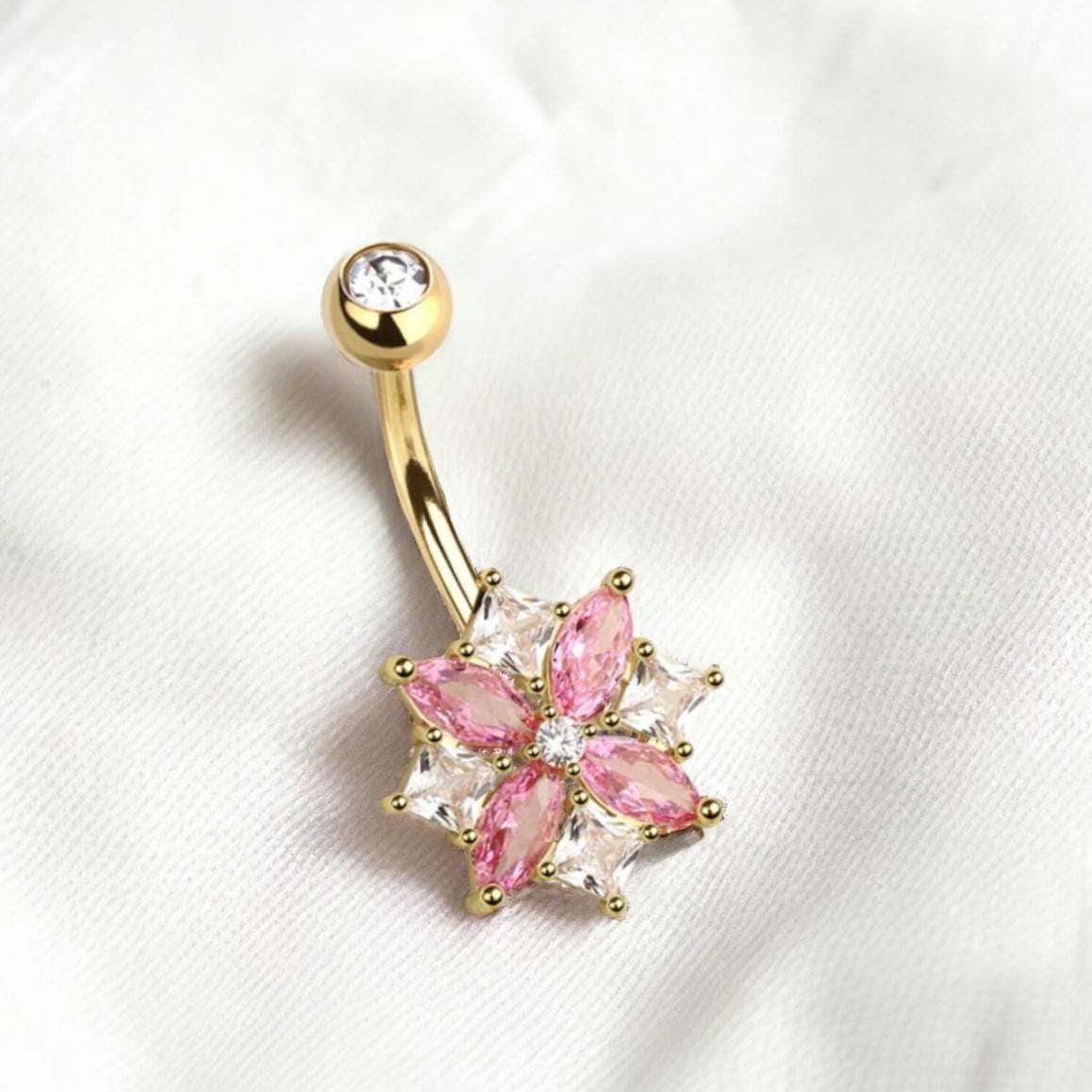 14G Pink Starburst Belly Ring