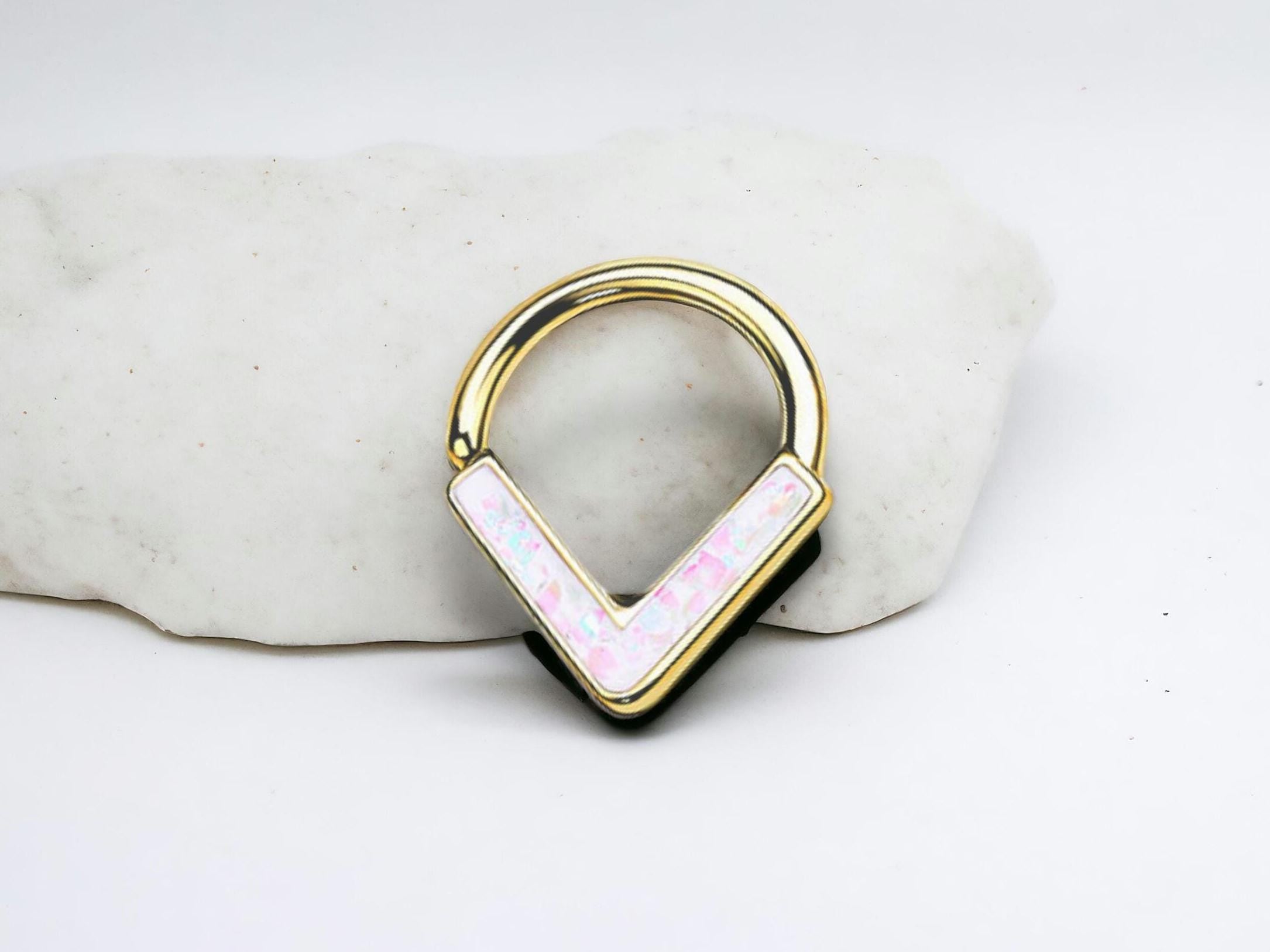 16g White Opal Septum Ring, Simple V Shape Bendable Chevron Opal Glitter Nose Septum Piercing