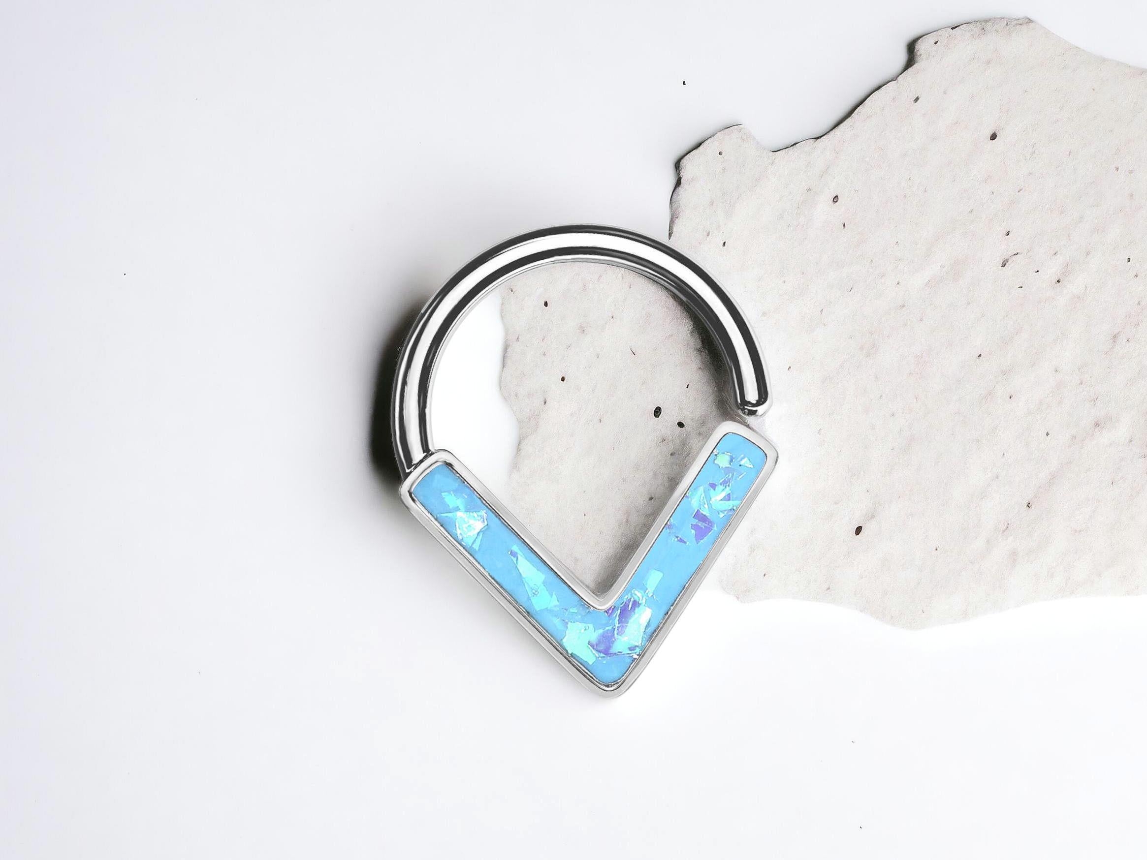 Aqua Blue Opal Inlay Septum Ring, 16G V Shape Chevron Resin Blue Nose Hoop Piercing, Bendable Hoop, Cartilage Daith Septum