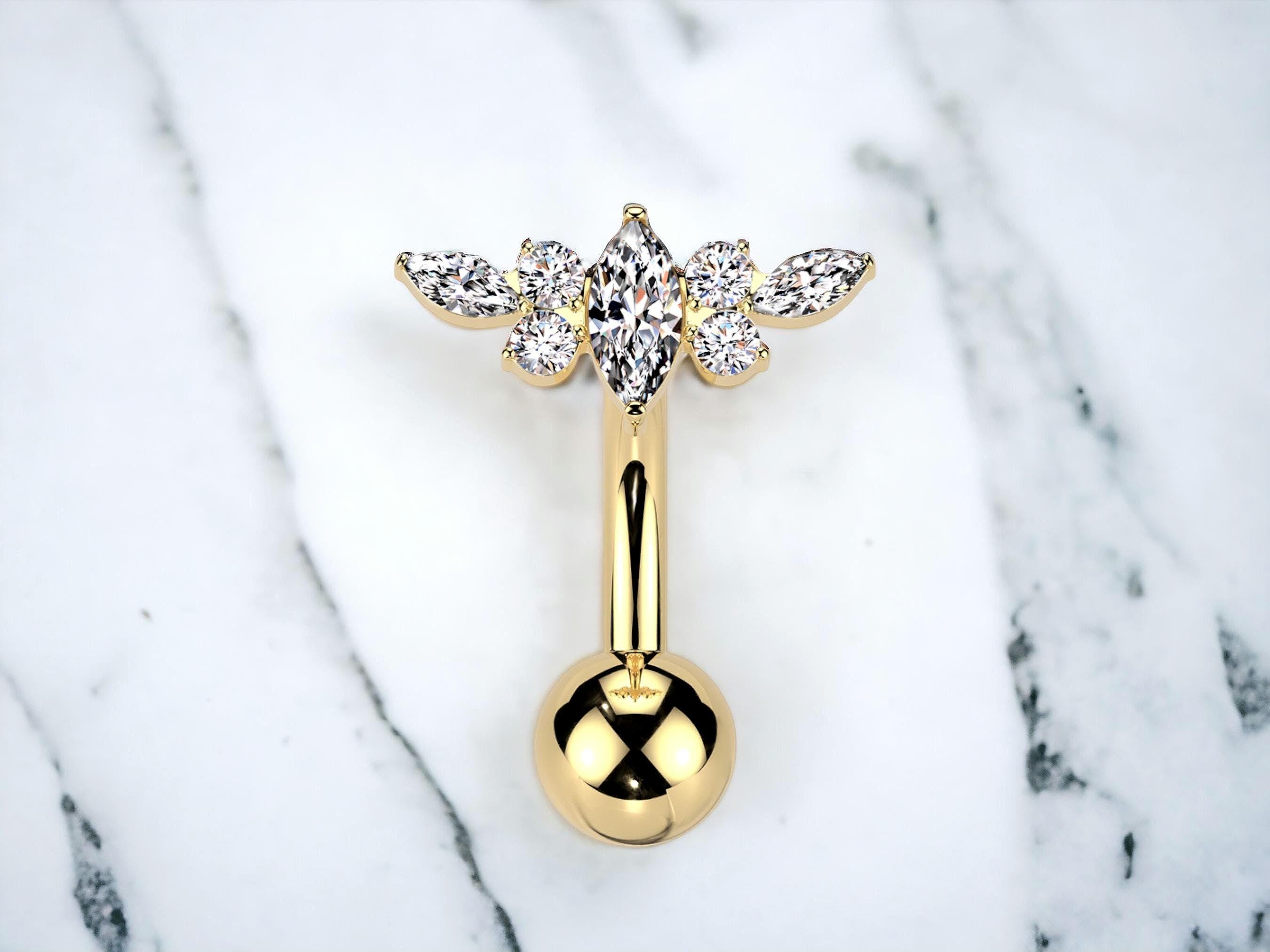 Gold Dainty Marquise Belly Button Ring, Floral Top Decor Cute Belly Ring Piercing Jewelry, Sparkling Gems Navel Ring, Body Jewelry