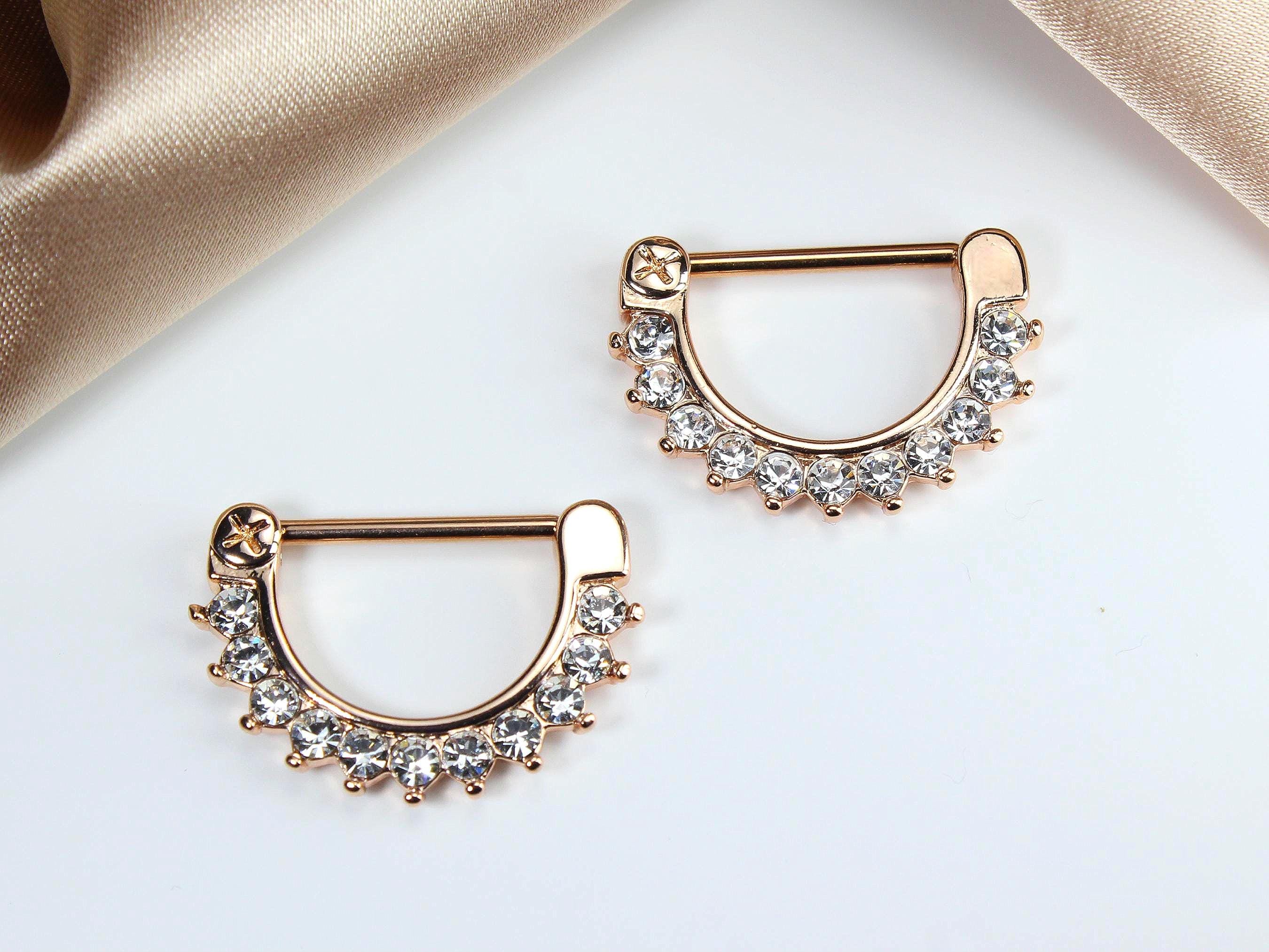 14G Rose Gold Nipple Rings – Sparkling Clear Multi-Gem Diamond Decor Front Clicker Barbells, Nipple Piercing Jewelry