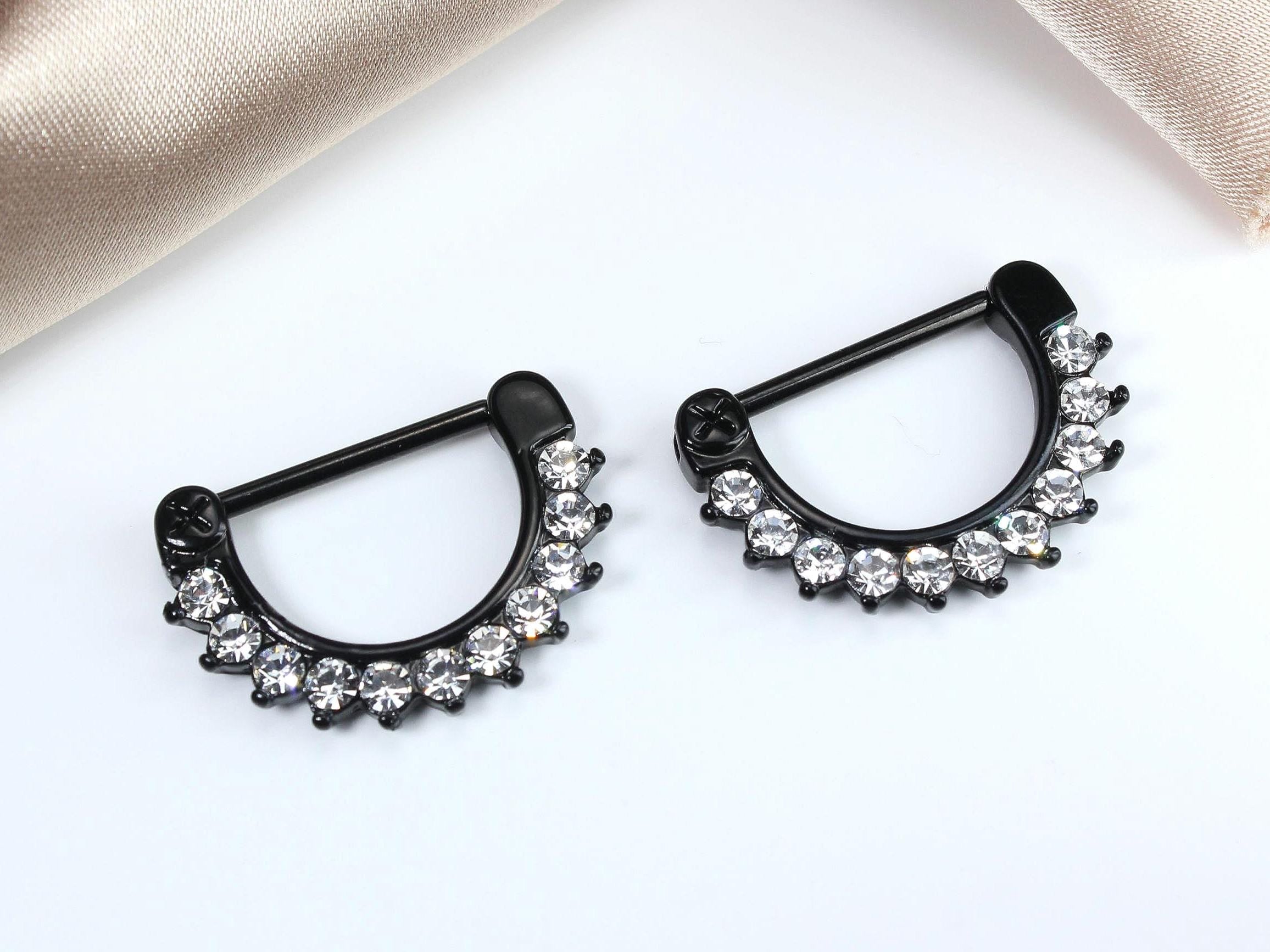 14G Black Nipple Clicker Rings – Sparkling Clear Multi-Gem Front Diamond Decor Clicker Barbells, Nipple Piercing Jewelry