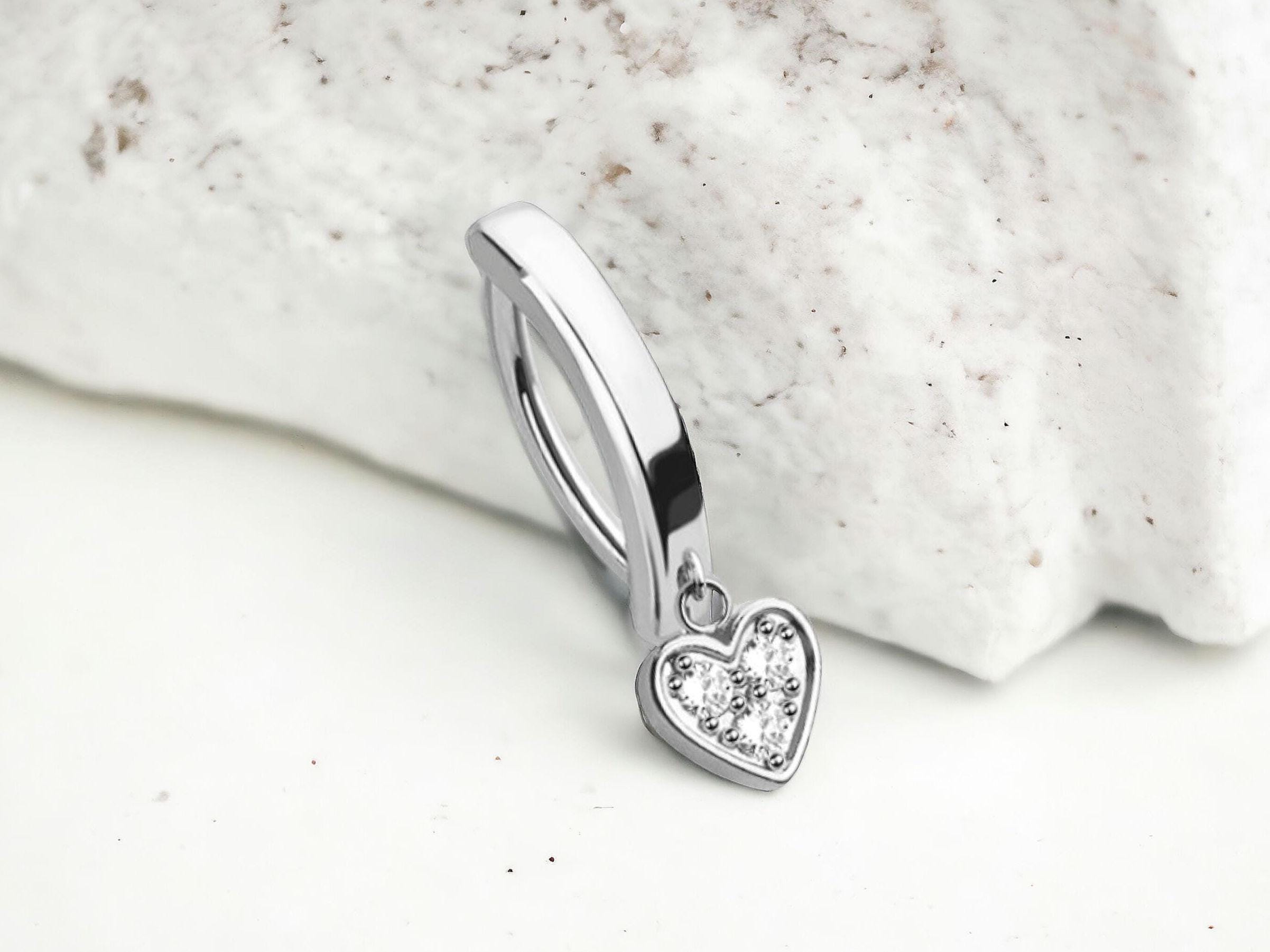 14G Heart Belly Clicker Ring, Sparkle Gem Decor Dangling Heart Belly Button Piercing, Everyday Comfortable Wear Silver Navel Piercing Ring
