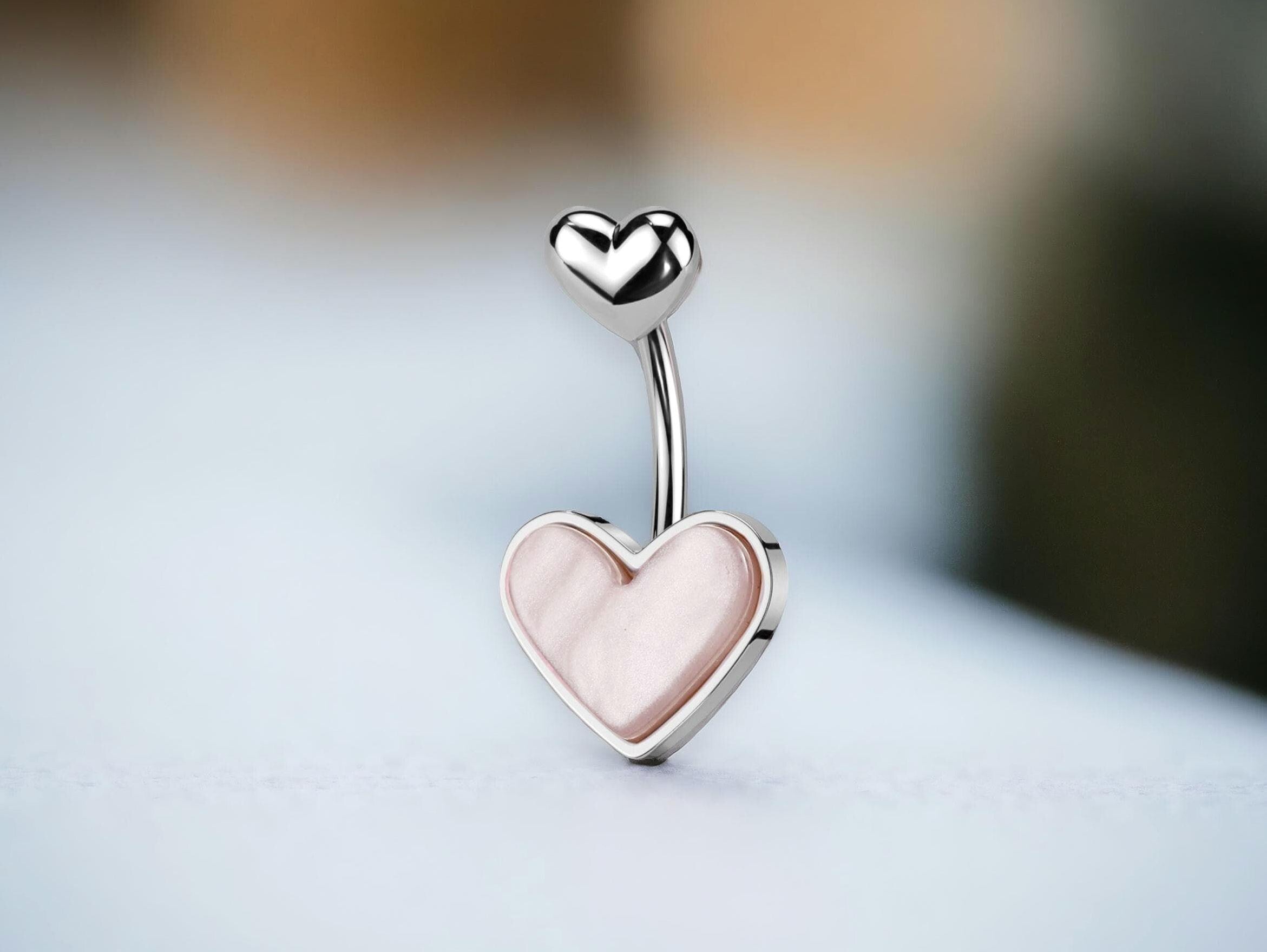 14G Heart Belly Ring, Mother of Pearl  Silver Navel Piercing, Dainty Belly Button Ring