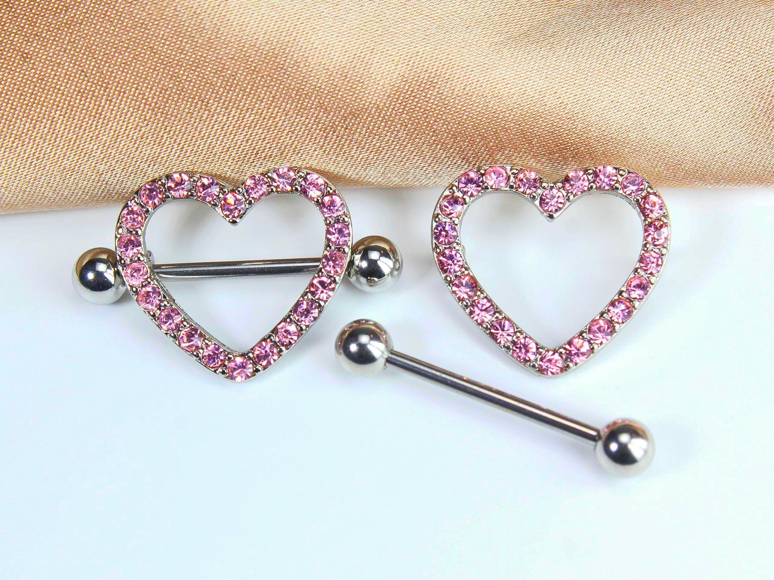 Pair of Pink Heart Nipple Barbell, 14G Sparkling Pink Gem Decor Nipple Shield Piercing Jewelry, Gift for Her, Nipple Rings