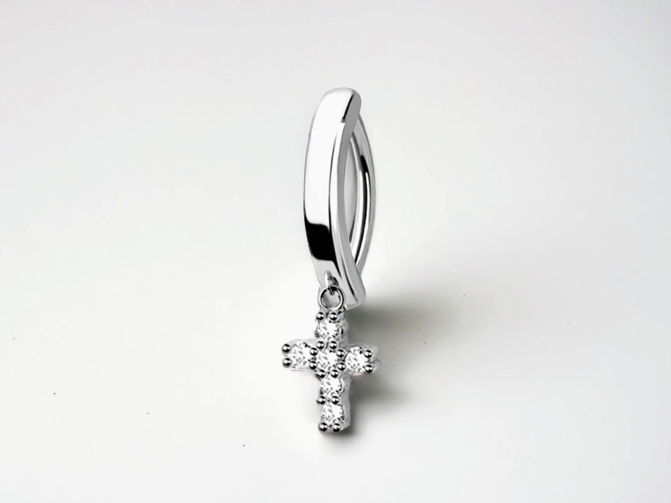 14G Cross Belly Clicker Ring, Sparkle Gem Decor Dangling Silver Cross Belly Button Piercing, Everyday Comfortable Wear Navel Piercing Ring