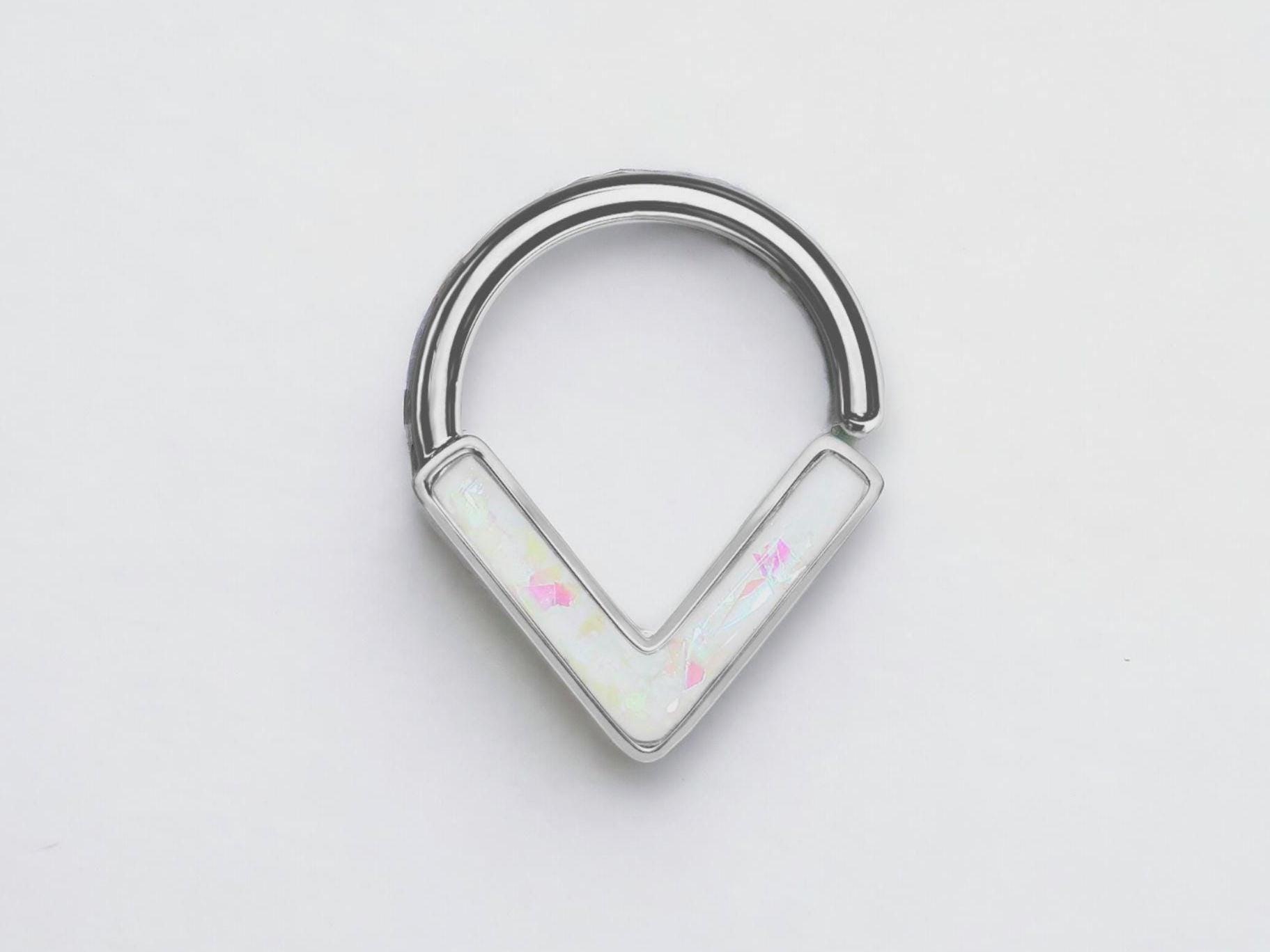 16G White Opal Septum Ring, Simple V Shape Chevron Opal Glitter Nose Hoop Piercing, Bendable Hoop Ring, Cartilage Daith Silver Septum Ring