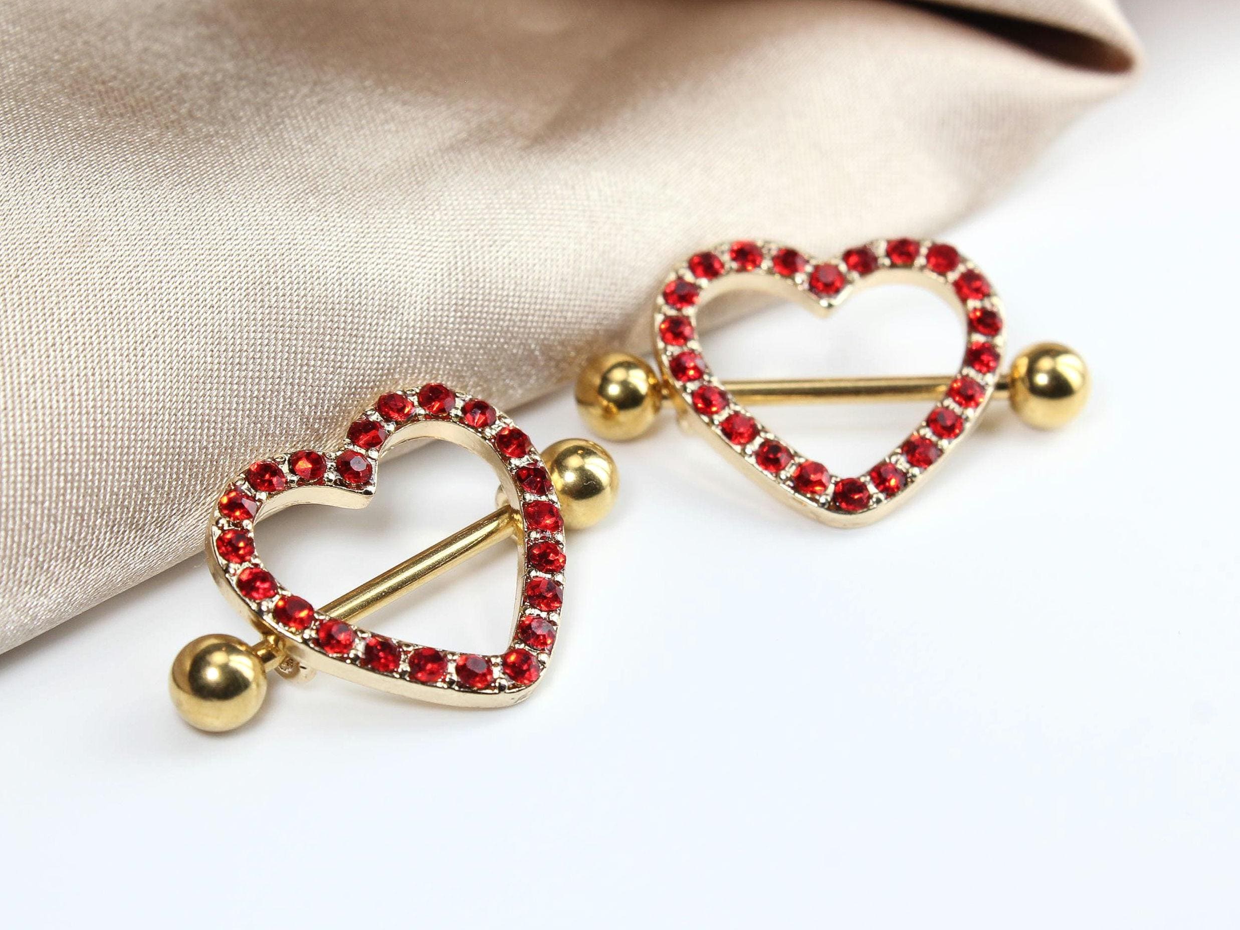 Gold Heart Nipple Ring, 14g Red Gem Heart Nipple Shield, Gold Nipple Piercing Jewelry