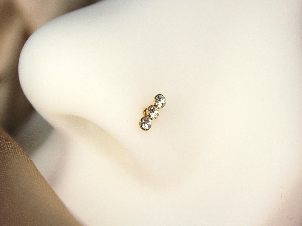 Three Ball Gold Nose Stud – CZ Gem 20G Nose Piercing Jewelry