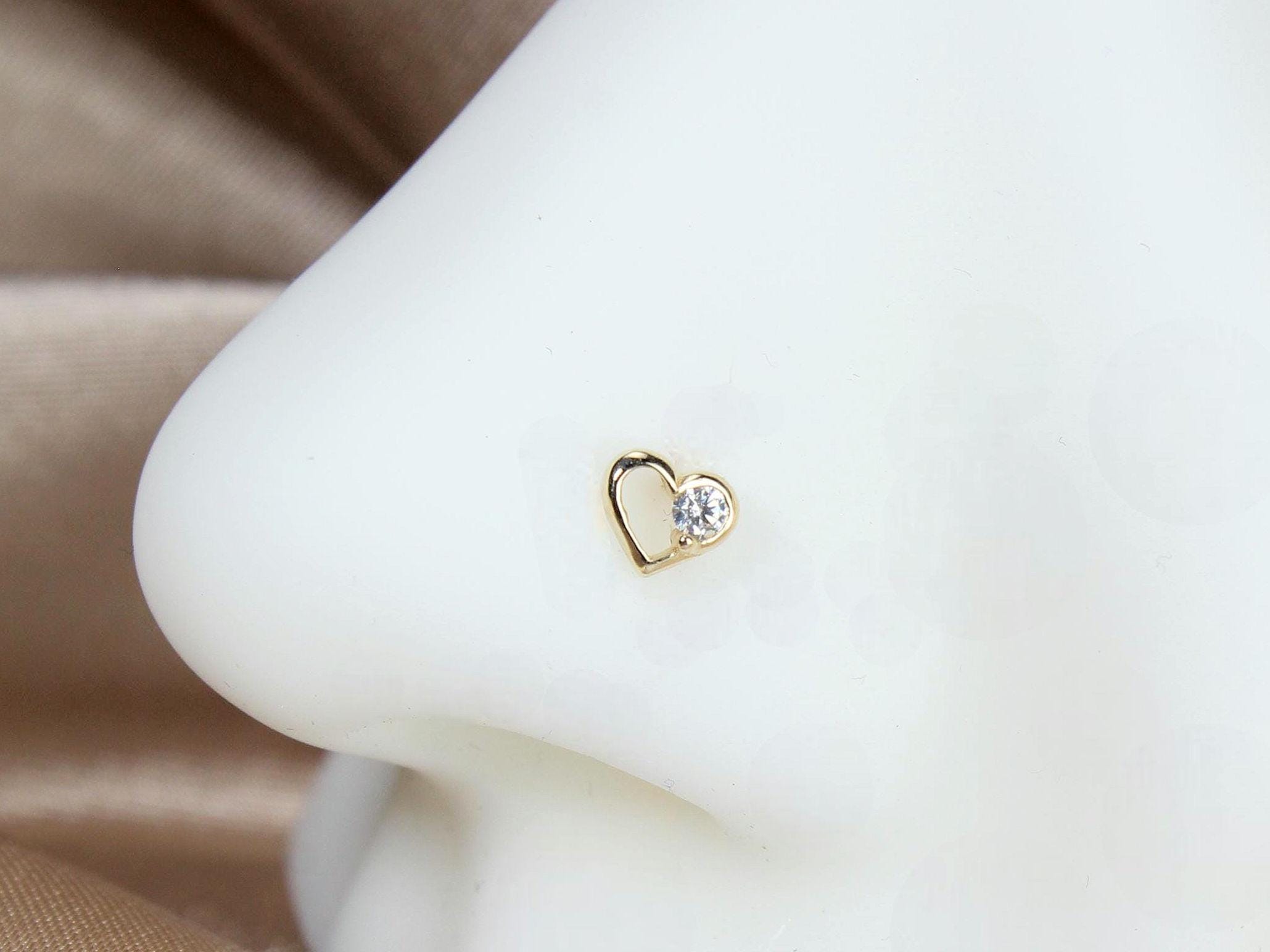 14K Gold Heart Nose Stud, 20G Dainty Gem Heart L Shape Nose Piercing Stud, Solid Gold Nose Piercing Ring, Everyday Wear Nose Jewelry