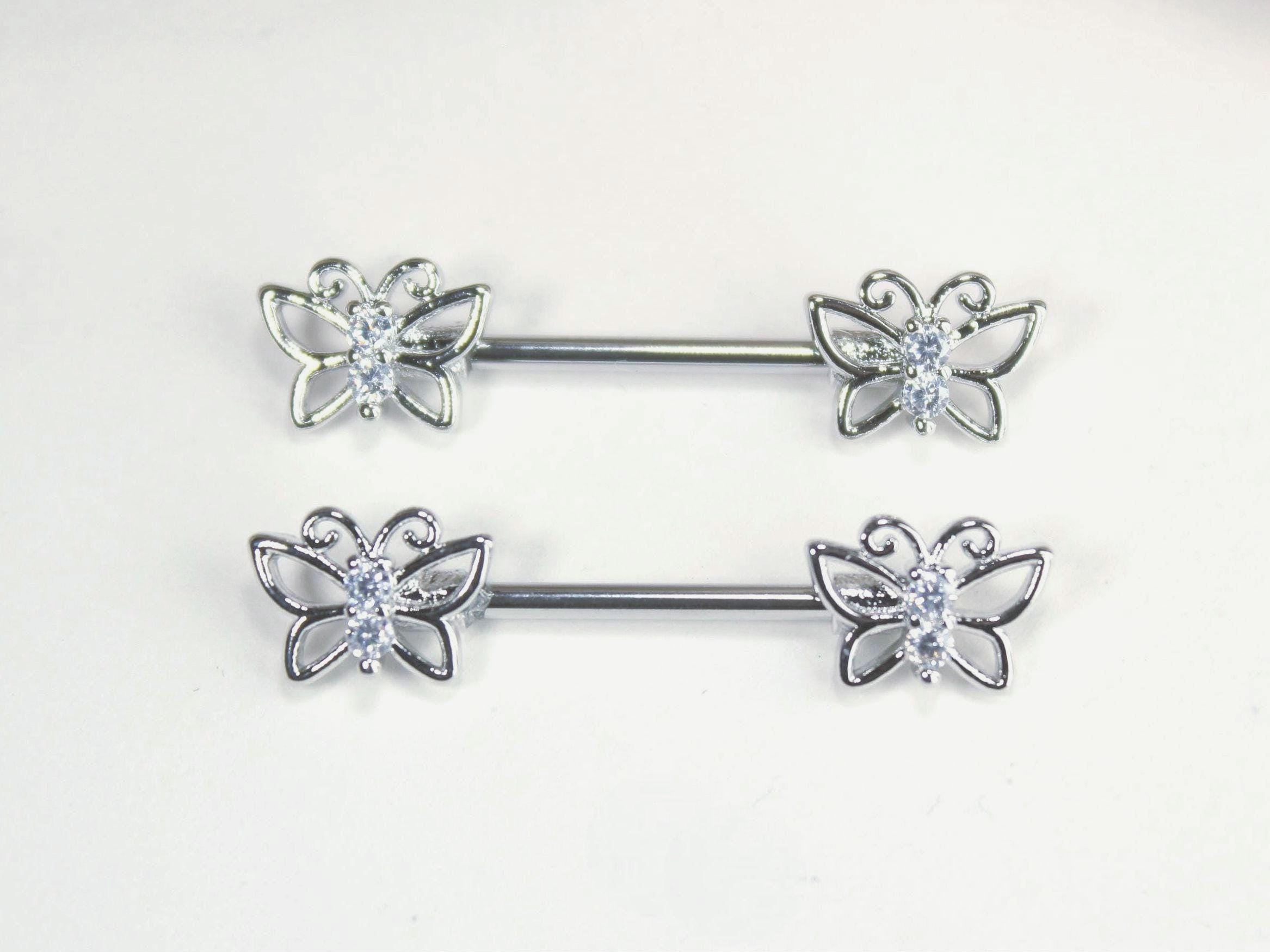14g Butterfly Nipple Barbell, Silver Butterfly Gem Nipple Ring Piercing Jewelry, Nipple Jewelry