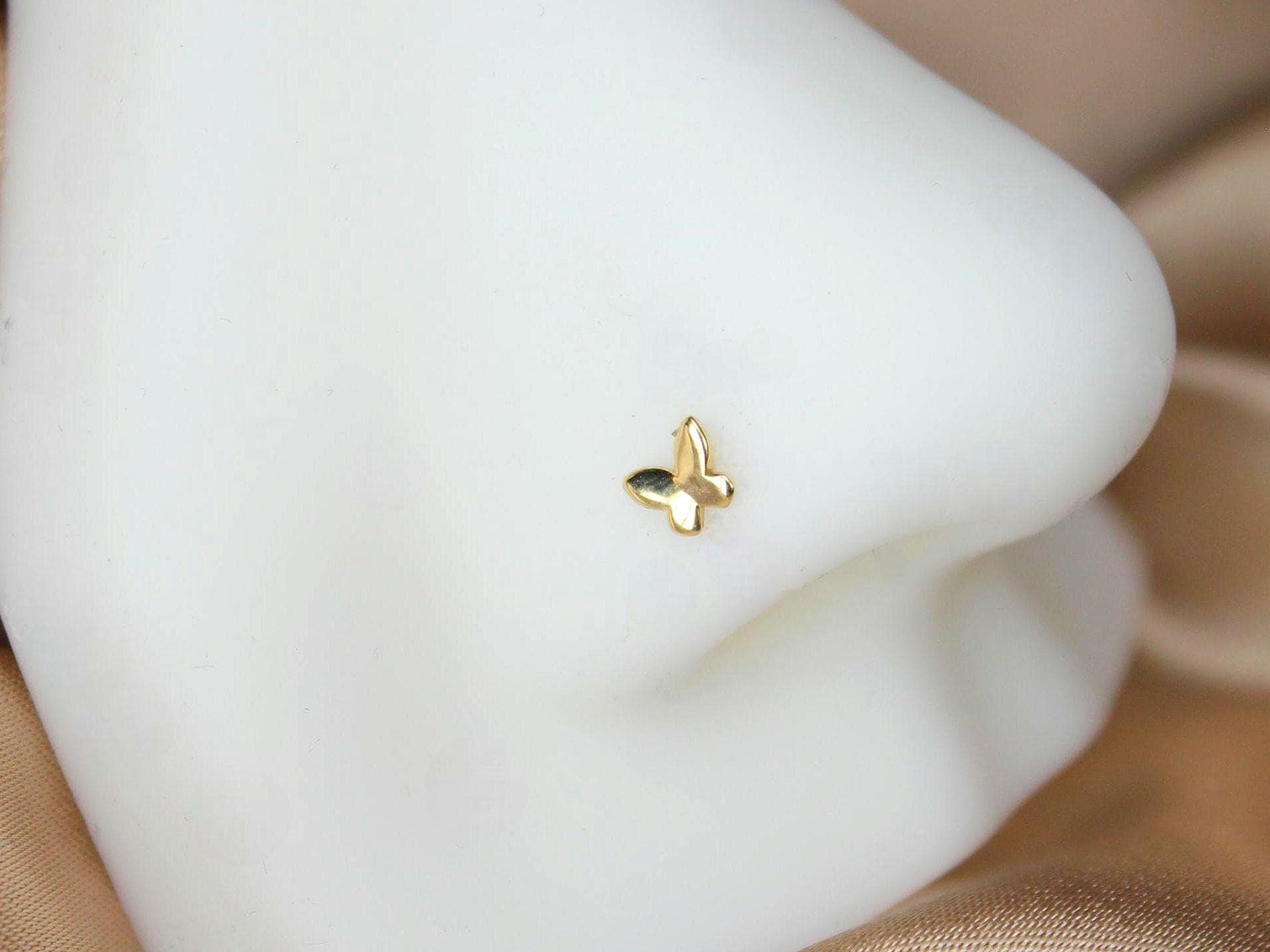 14K Gold Butterfly Nose Stud, 20G Dainty Butterfly CorkScrew Nose Piercing Stud, Solid Gold Nose Piercing Ring Nose Jewelry