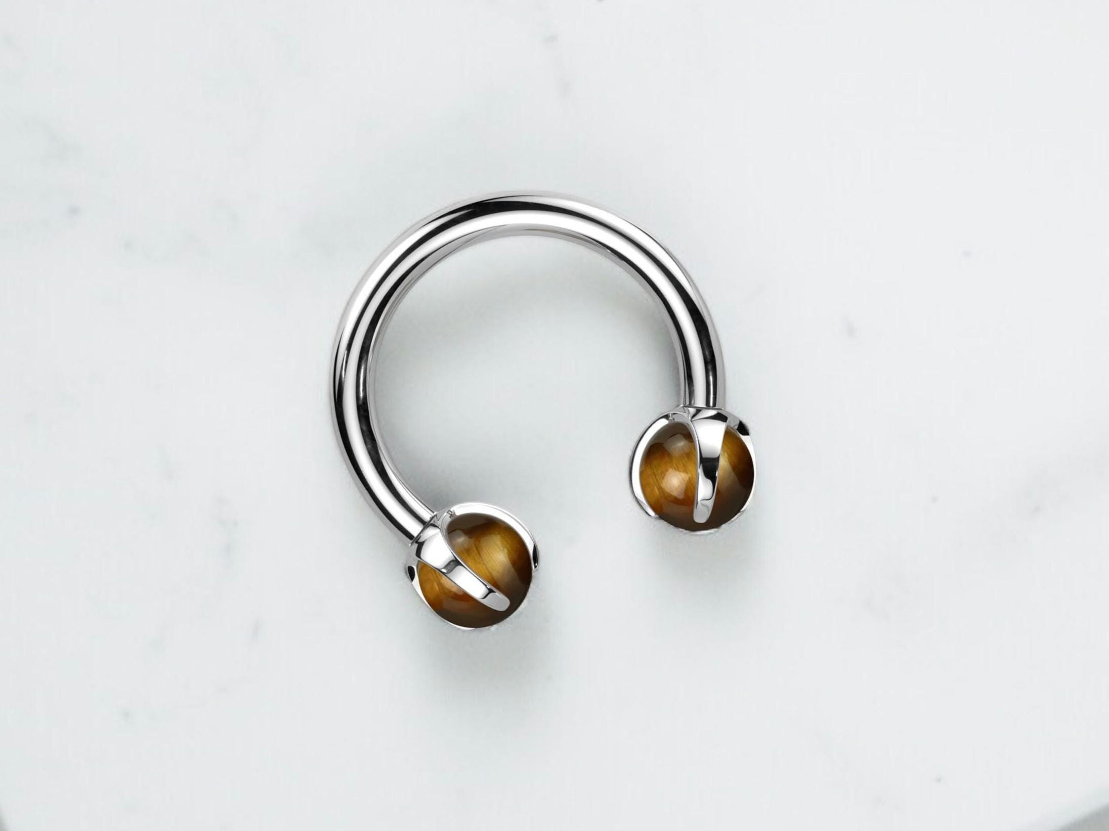 Implant Grade Titanium Internally Threaded Horseshoe Septum Ring – 16G Claw-Set Natural Tiger’s Eye Gemstone Ends – Body Jewelry