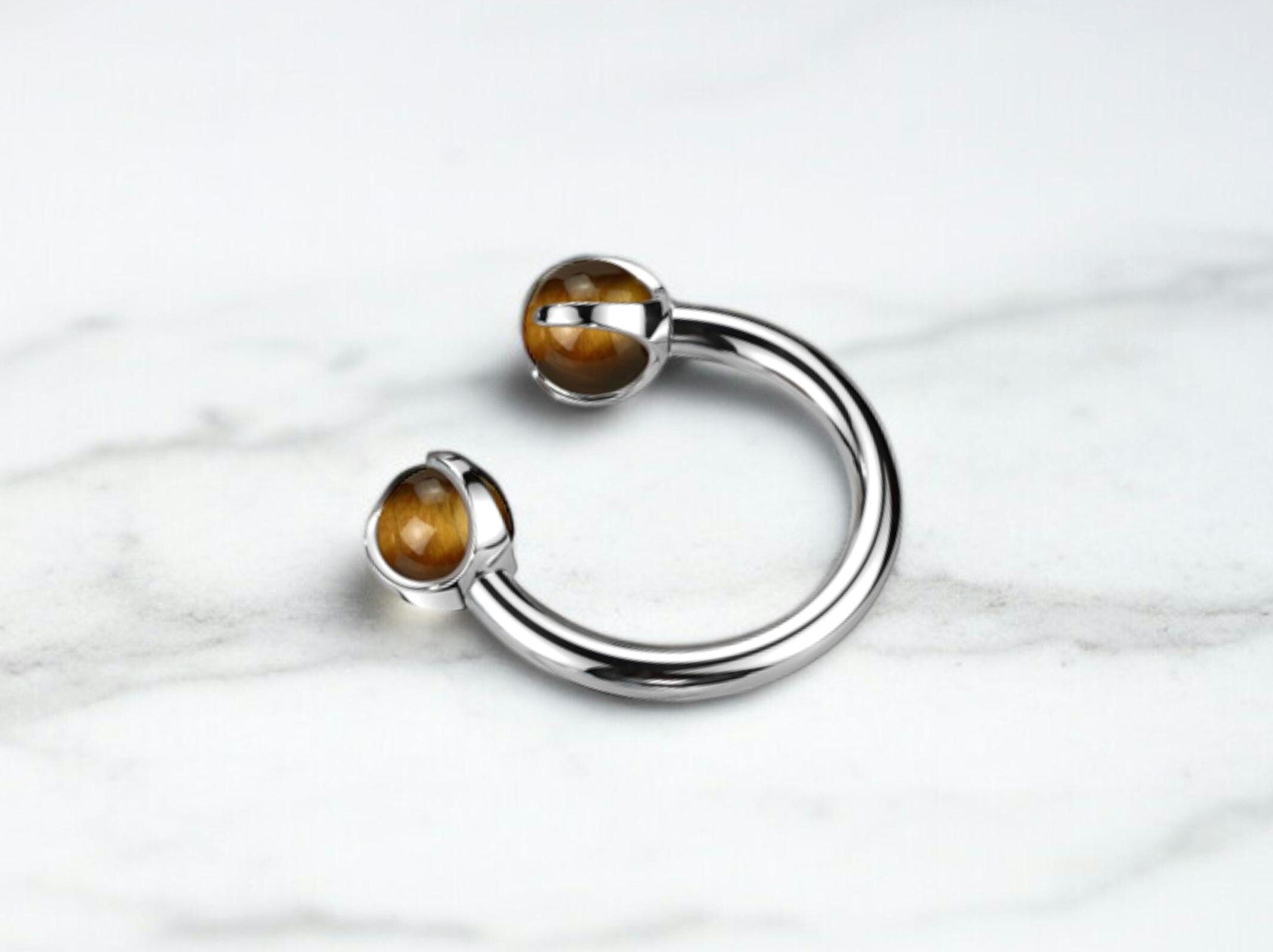 Implant Grade Titanium Internally Threaded Horseshoe Septum Ring  16G Claw-Set Natural Tigers Eye Gemstone Ends  Body Jewelry