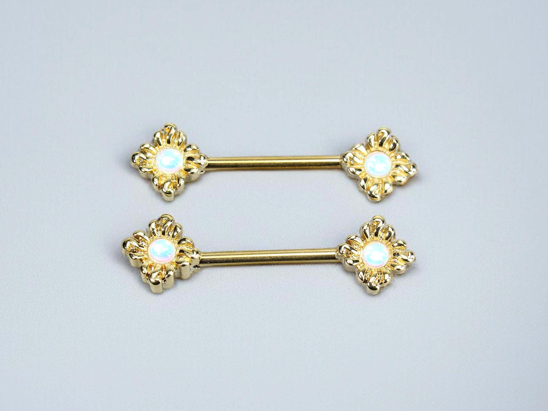 Pair of Gold Opal Sun Nipple Piercing, 14G Opal Decor Colorful Gold Nipple Piercing Jewelry Nipple Ring, Summer Wear Body Jewelry