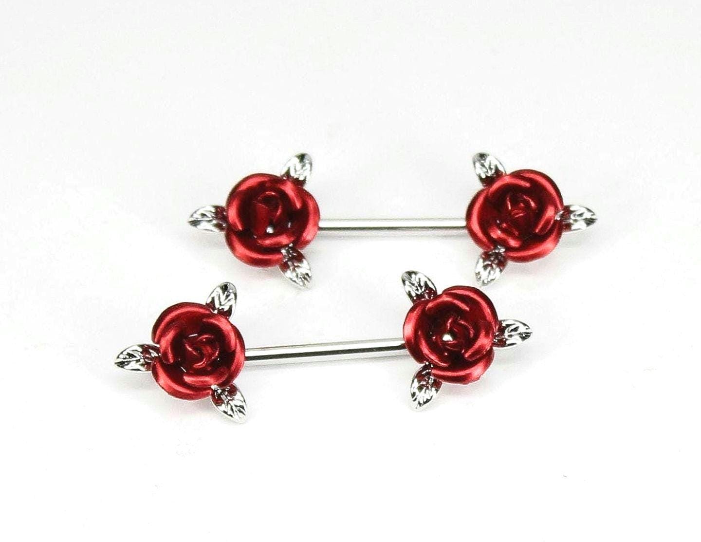 Red Roses Nipple Piercing Ring, 14g Silver Nipple Barbell, Custom Body Jewelry, Simple Flower Jewelry for Body Piercing, Gifts for Her