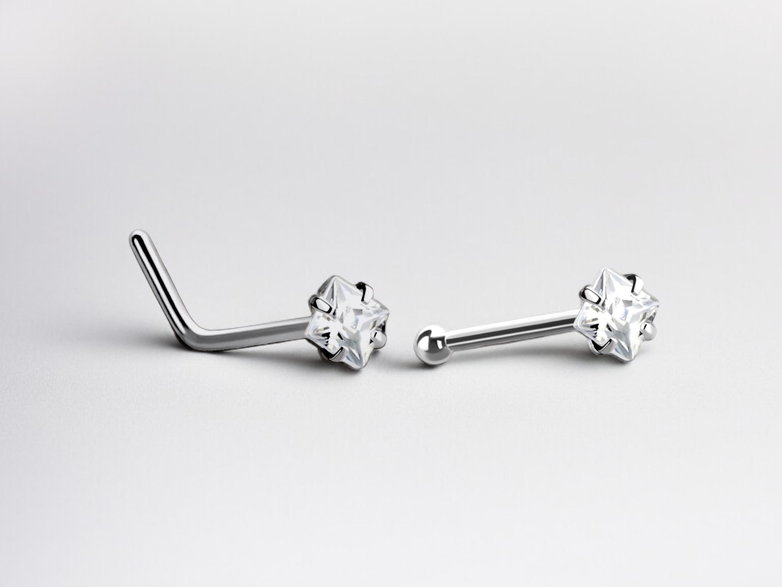 20g Square CZ Nose Stud Ball, L Shape Ball End Nose Stud, Nose Piercing Jewelry