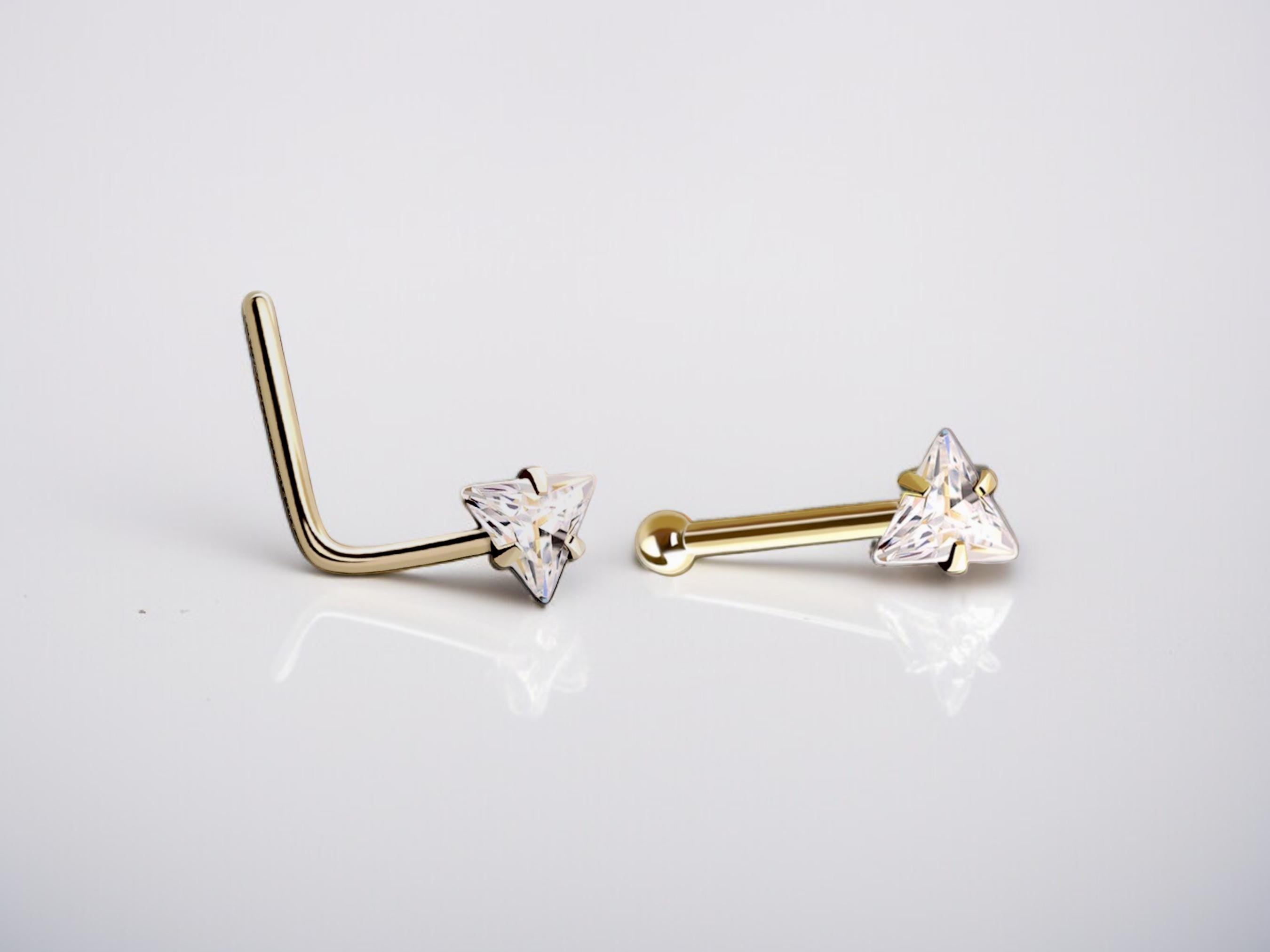 20G Prong Triangle Clear Gem Gold Nose Stud with Ball, L Shaped Nose Stud, Nose Piercing, Simple Style Nose Piercing Jewelry