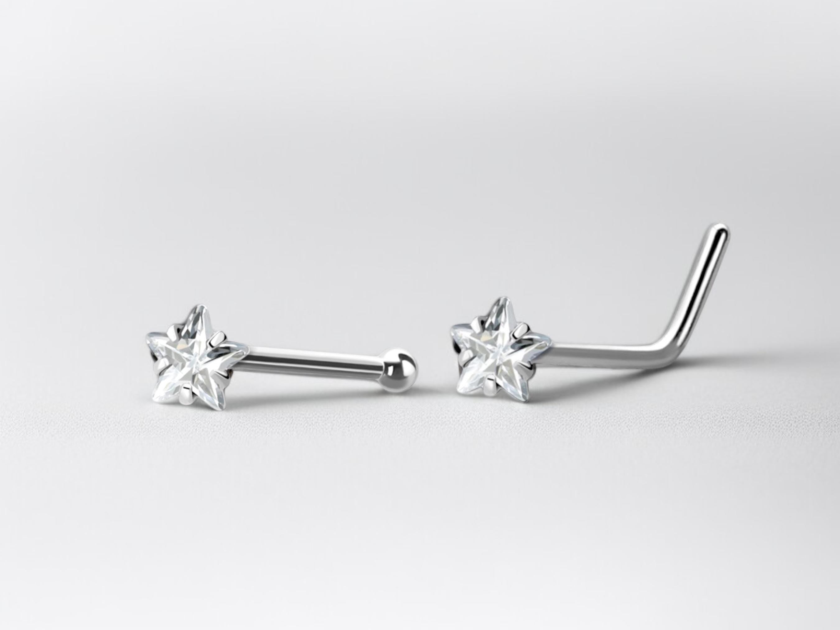 20G Prong Star Clear Gem Silver Nose Stud with Ball, L Shaped Nose Stud, Nose Piercing, Simple Style Nose Piercing Jewelry