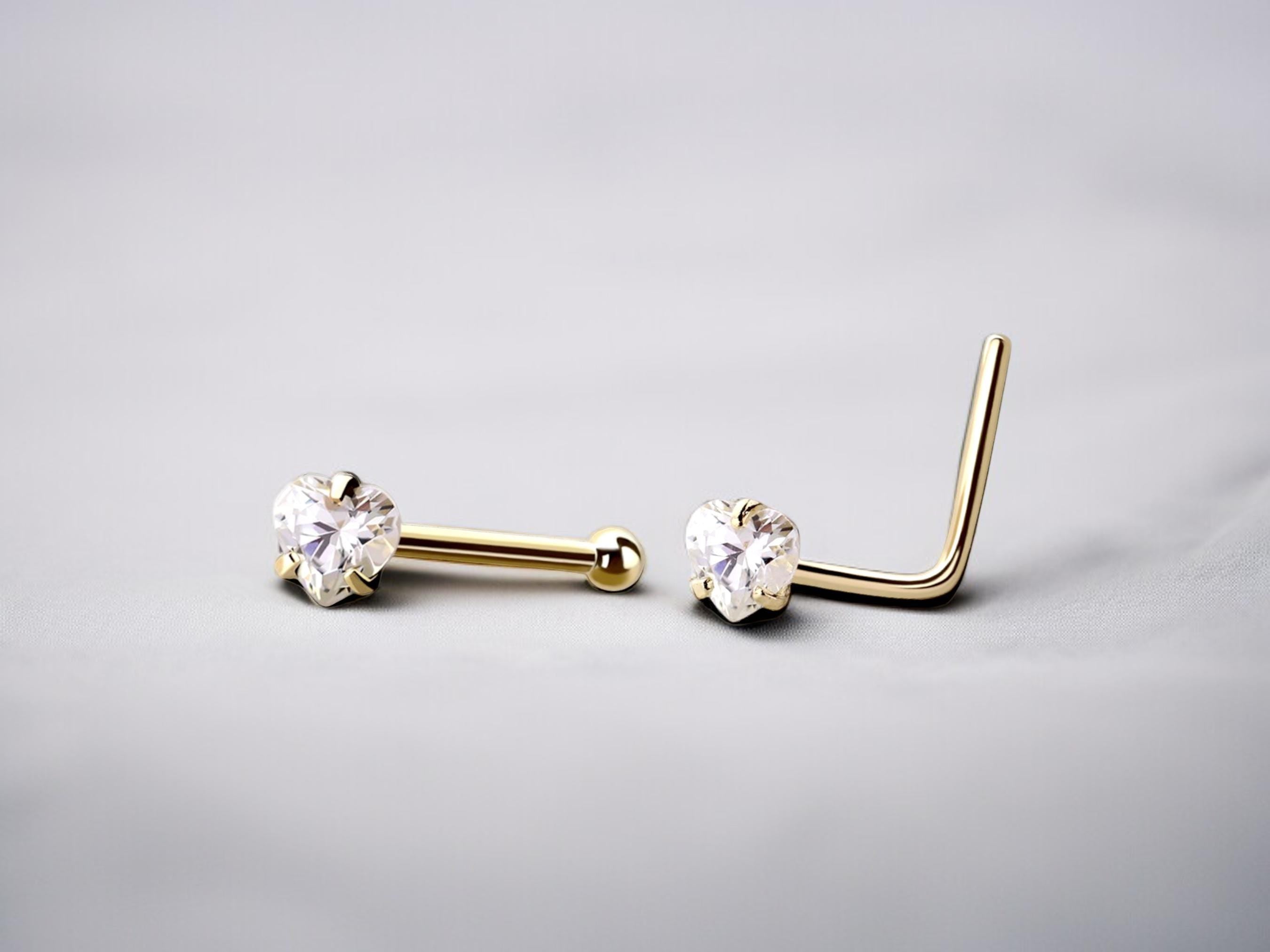 20G Prong Heart Clear Gem Gold Nose Stud with Ball, L Shaped Nose Stud, Nose Piercing, Simple Style Nose Piercing Jewelry