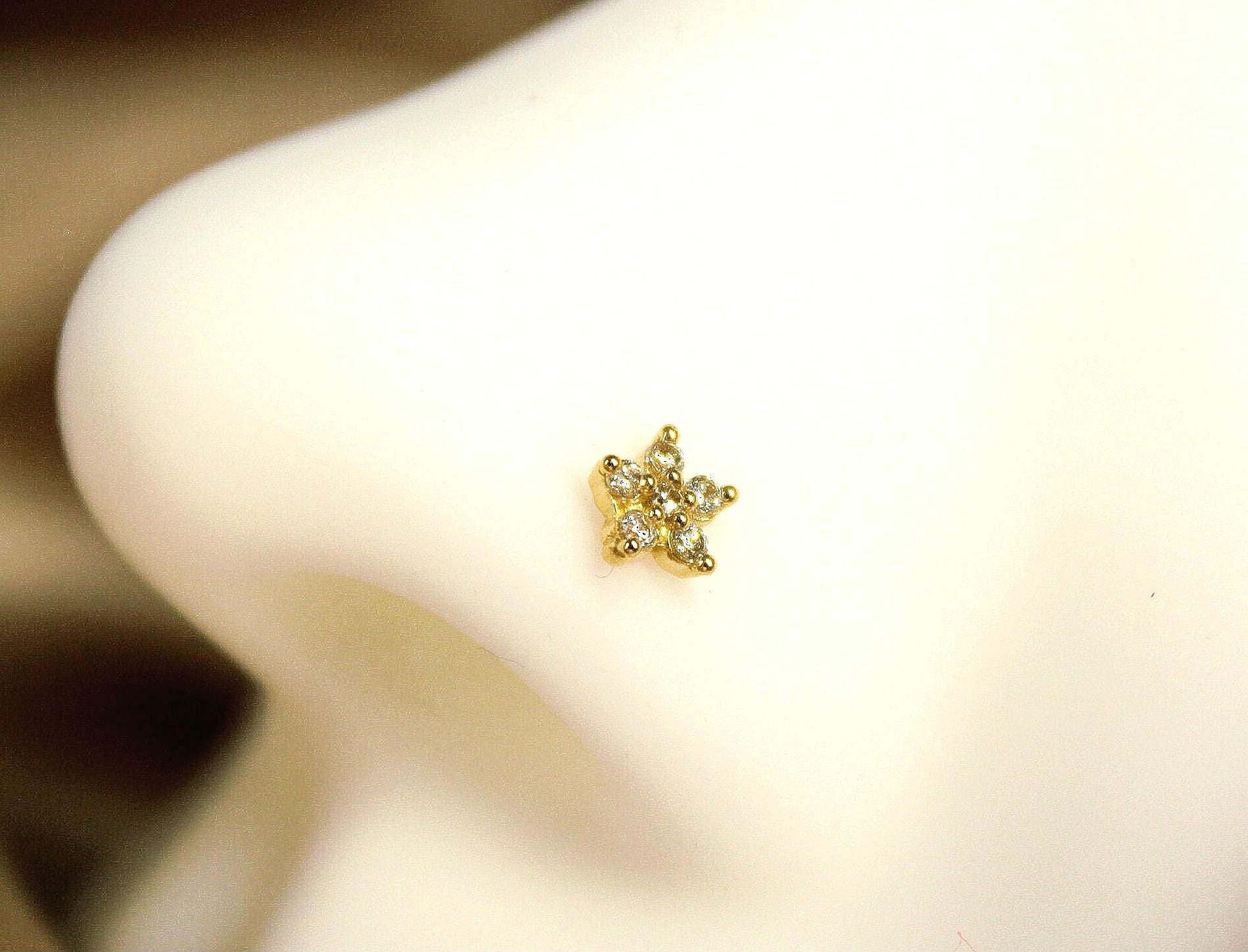 14k Solid Gold Star with Clear Gems Nose Stud, Simple Style Star Nose Piercing Jewelry, Thin Nose Stud Ring. Body jewelry.