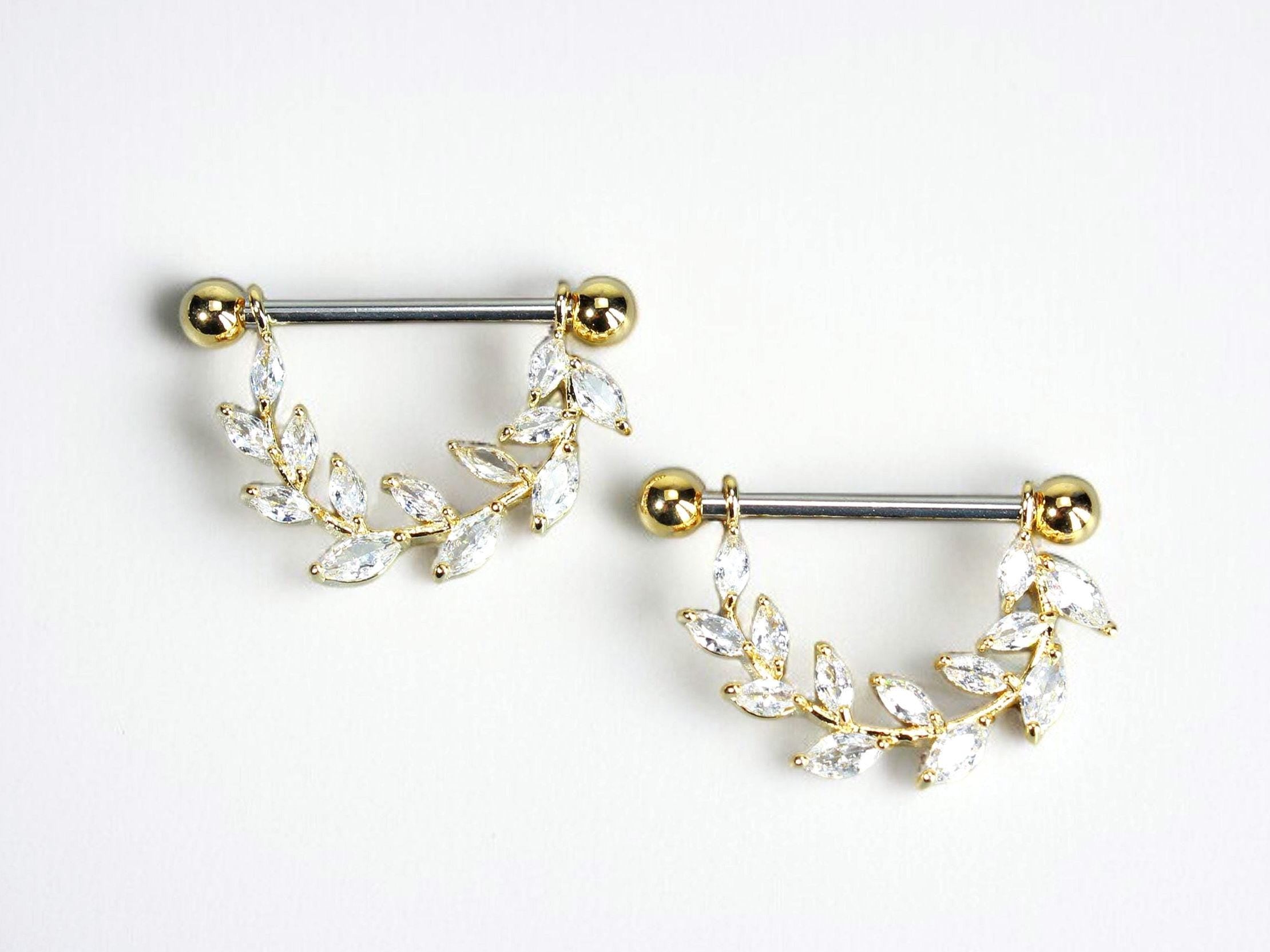 Floral Nipple Ring, 14G Dangle Nipple Piercing Jewelry, Marquise Gem Nipple Barbell, Decorative Vine Leaf Dangle Nipple Ring
