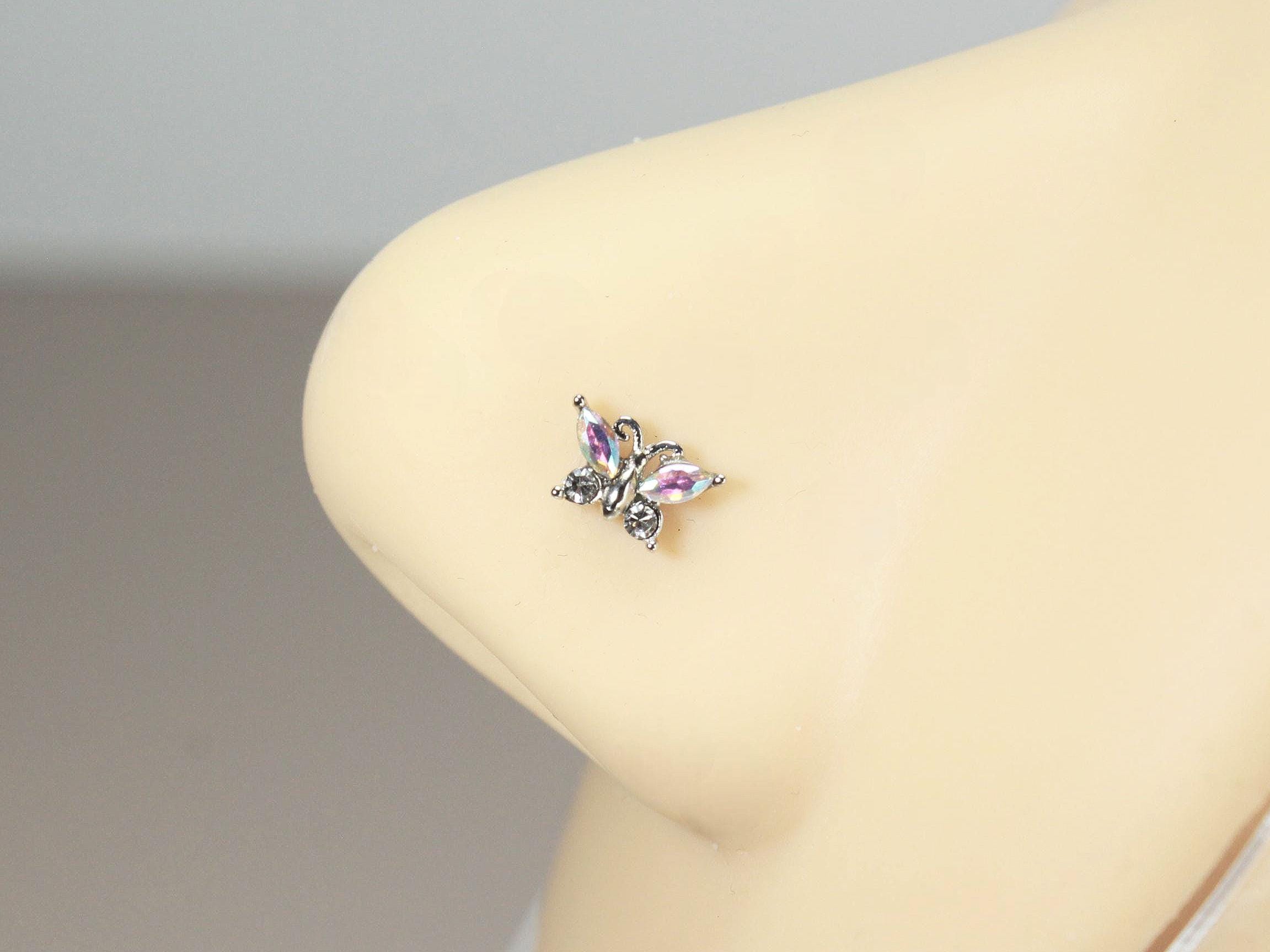 Silver Butterfly Nose Stud, 20g Cz Gem butterfly Nose Piercing, Dainty Aurora Gem L Shape Nose Jewelry