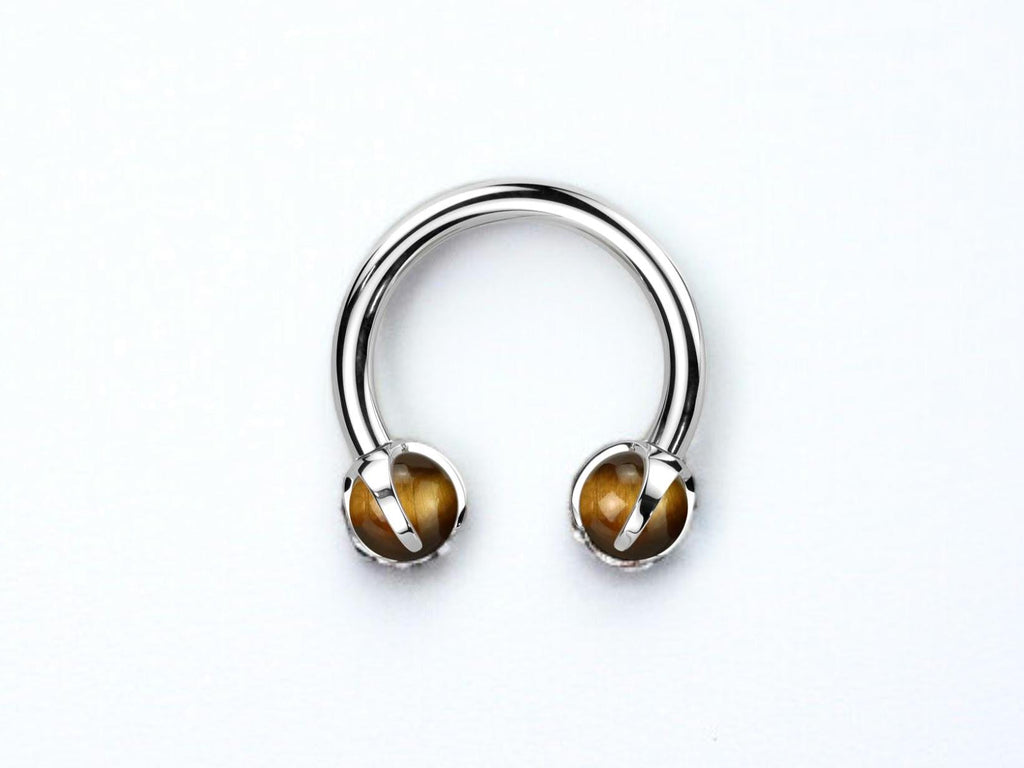 Implant Grade Titanium Internally Threaded Horseshoe Septum Ring  16G Claw-Set Natural Tigers Eye Gemstone Ends  Body Jewelry