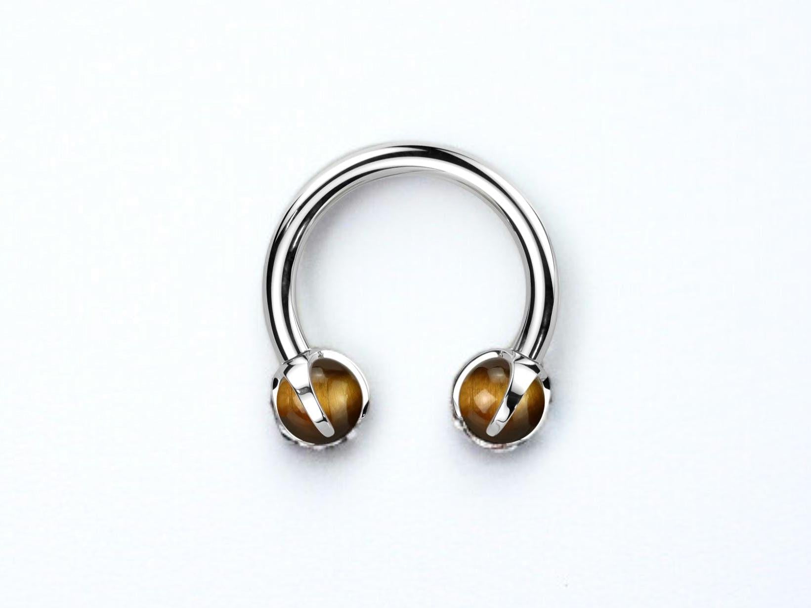 Implant Grade Titanium Internally Threaded Horseshoe Septum Ring  16G Claw-Set Natural Tigers Eye Gemstone Ends  Body Jewelry